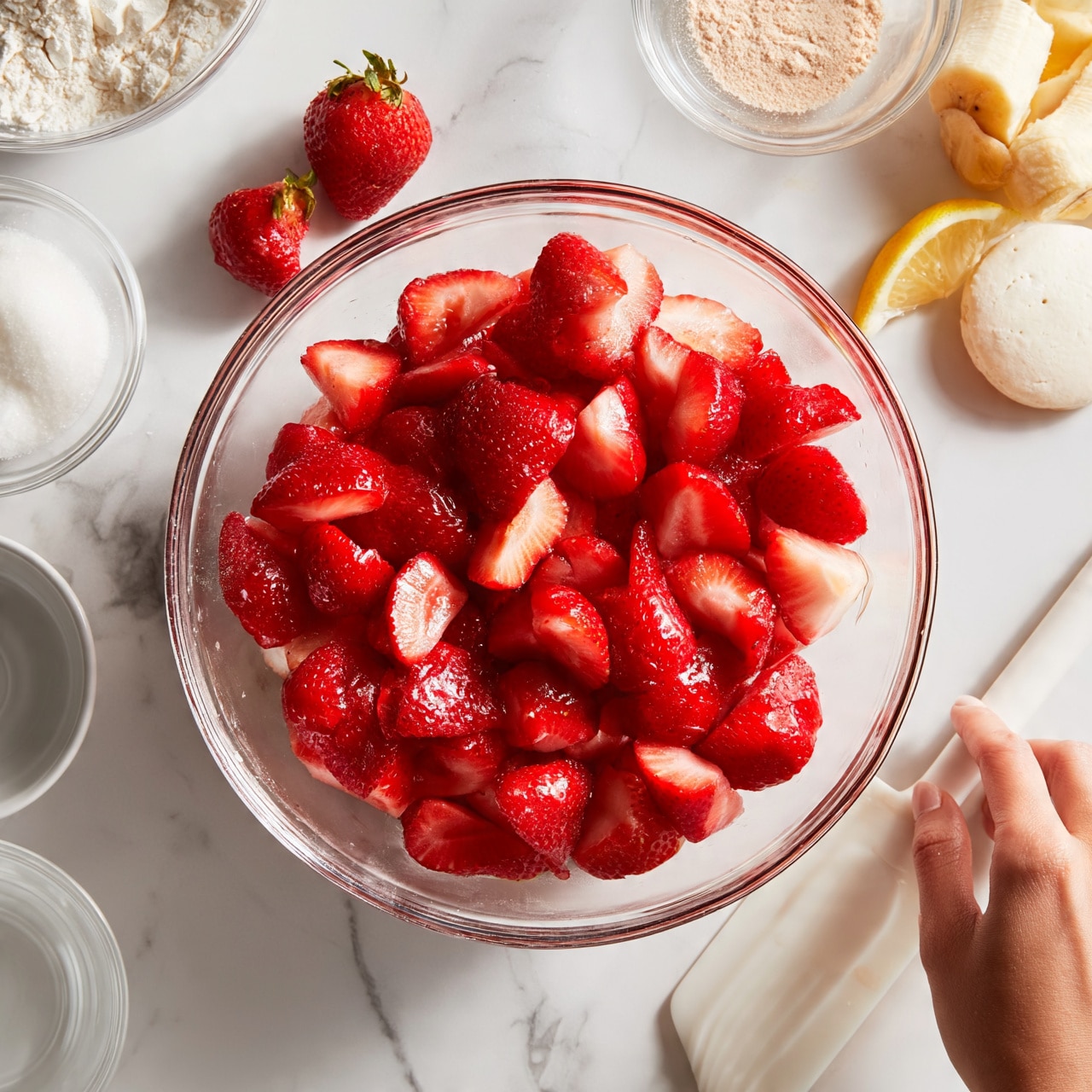 square image A clear glass bowl filled with many bright red strawberry pieces, sliced and layered to fill the bowl almost to the top, placed on a white marbled surface. Around the bowl are smaller clear glass bowls holding white flour, white sugar, and light brown powder, along with a small white bowl of clear liquid. Fresh whole strawberries are placed casually near the top left of the main bowl. To the right, there are banana pieces, a lemon wedge, and a white round biscuit or cookie. A woman's hand is holding a white spatula near the bottom right. The scene is bright and clean with a white marbled background. photo taken with an iphone --ar 4:5 --v 7