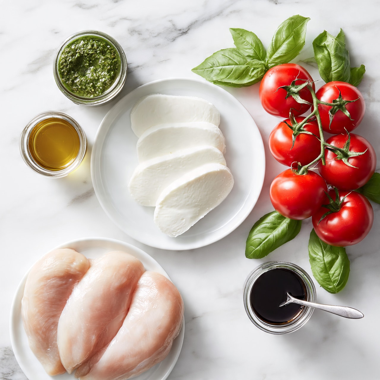 square image The image shows ingredients for a fresh salad arranged on a white marbled surface. There is a white plate with five thick, white mozzarella cheese slices arranged in a slight overlapping circle near the center. Next to the plate, a green pesto sauce jar and a small glass container of golden olive oil sit side by side. To the right, a bunch of bright red tomatoes on the vine rests with shiny, smooth skin and fresh green basil leaves around them. On the bottom left, there is a white plate holding three raw chicken fillets, light pink with a smooth texture. Below the tomatoes sits a small clear jar filled with dark balsamic vinegar and a spoon inside. The scene shows fresh, vibrant colors and smooth textures of each ingredient. Photo taken with an iphone --ar 4:5 --v 7