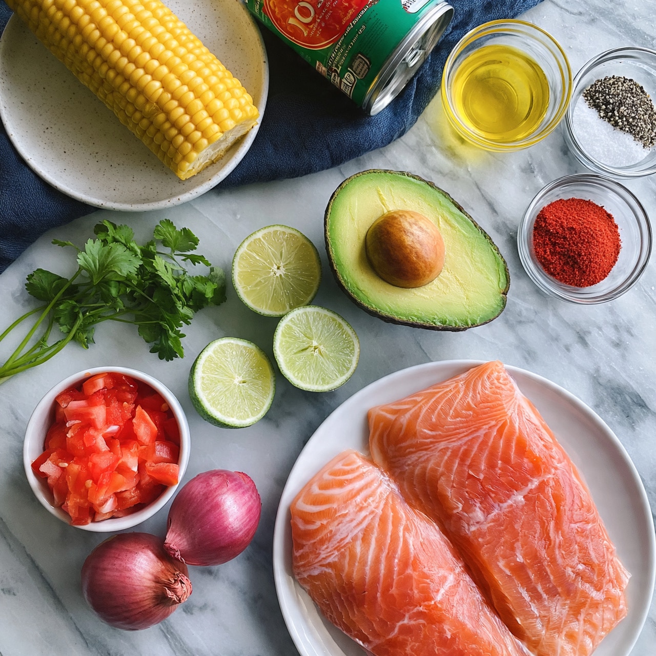 square image The image shows fresh ingredients arranged on a white marbled surface, including two raw salmon fillets with pink-orange flesh and visible white lines, placed side by side on a white plate at the bottom right. Above the salmon, there is a halved avocado with smooth green flesh and a large brown seed in one half. Two lime halves with light green flesh are centered near the avocado. To the left, there is a small bunch of cilantro with green leaves and stems. Below the cilantro, a small white bowl filled with chopped red tomatoes sits next to a whole small red onion with smooth skin. Above the onion, there is a yellow corn on the cob resting on a white speckled plate. Nearby is a green can of diced tomatoes with red and white labeling, lying on a dark blue cloth. At the top right, three small glass bowls contain yellow oil, coarse black pepper, white salt, and red paprika powder, arranged neatly. Photo taken with an iphone --ar 4:5 --v 7