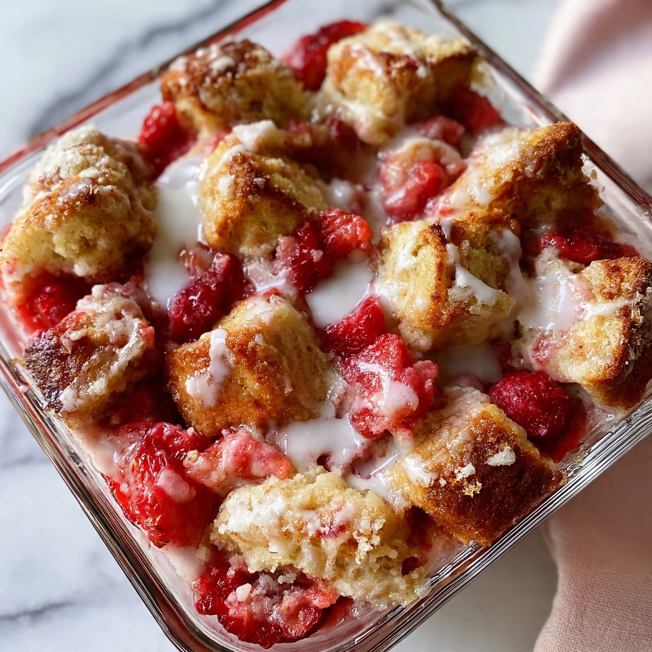 square image A glass baking dish filled with a baked dessert made of several golden brown bread pieces spread out unevenly. Mixed among and beneath the bread are bright red strawberry chunks with a soft, slightly melted texture. A white glaze or icing is drizzled unevenly over the top, creating a shiny and smooth contrast to the rough bread and juicy strawberries. The dish sits on a white marbled surface with a light pink cloth partially visible on the right side. photo taken with an iphone --ar 4:5 --v 7