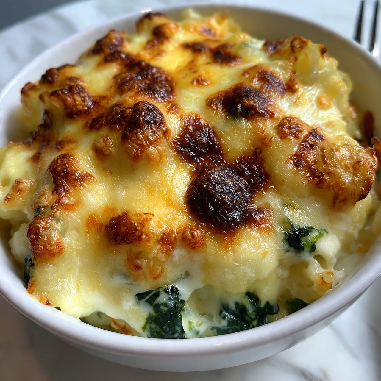 square image The image shows a close-up of a white bowl filled with baked pasta topped with melted and browned cheese. The pasta underneath looks creamy and soft, with pieces of dark green leafy vegetables mixed in. The cheese on top is golden-yellow with some darker brown crispy spots, showing a bubbly texture. The bowl rests on a white marbled surface, and the edge of a metal fork is visible to the side. photo taken with an iphone --ar 4:5 --v 7