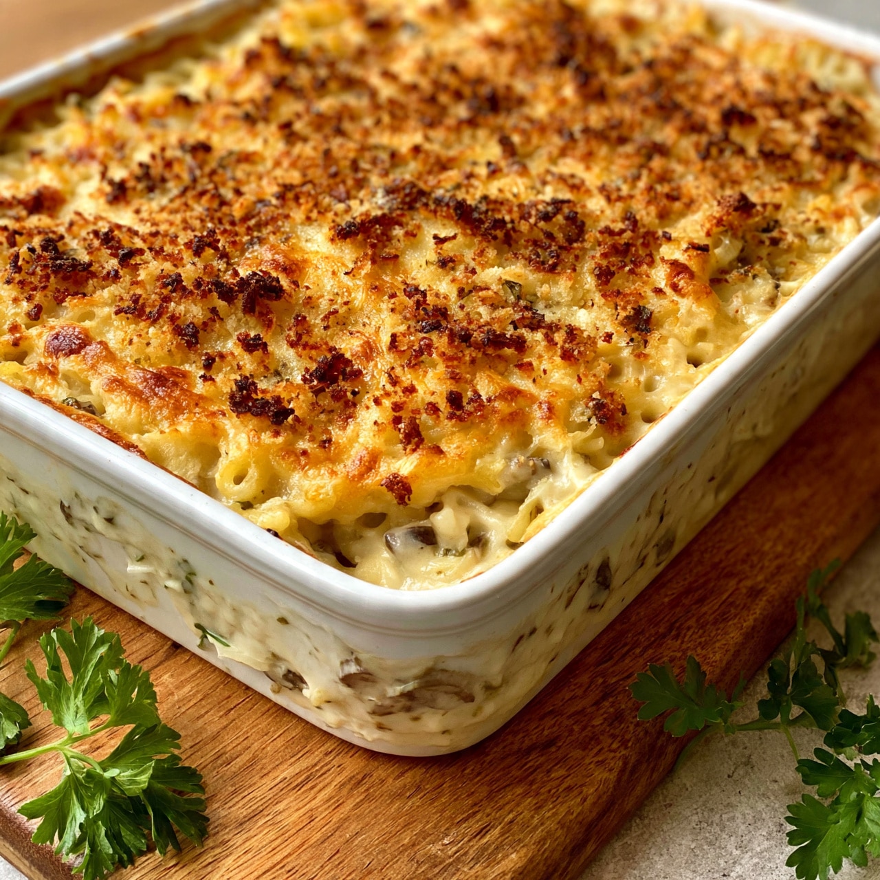 square image The image shows a white rectangular baking dish filled with a layered casserole. The top layer is golden brown and crispy with small browned bits spread evenly, suggesting melted cheese and toasted breadcrumbs. Underneath, a creamy, light-colored pasta mix with visible pieces of mushroom and herbs can be seen. The casserole rests on a wooden board, and a few fresh green parsley leaves are placed next to it. The overall look is warm and inviting. Photo taken with an iphone --ar 4:5 --v 7