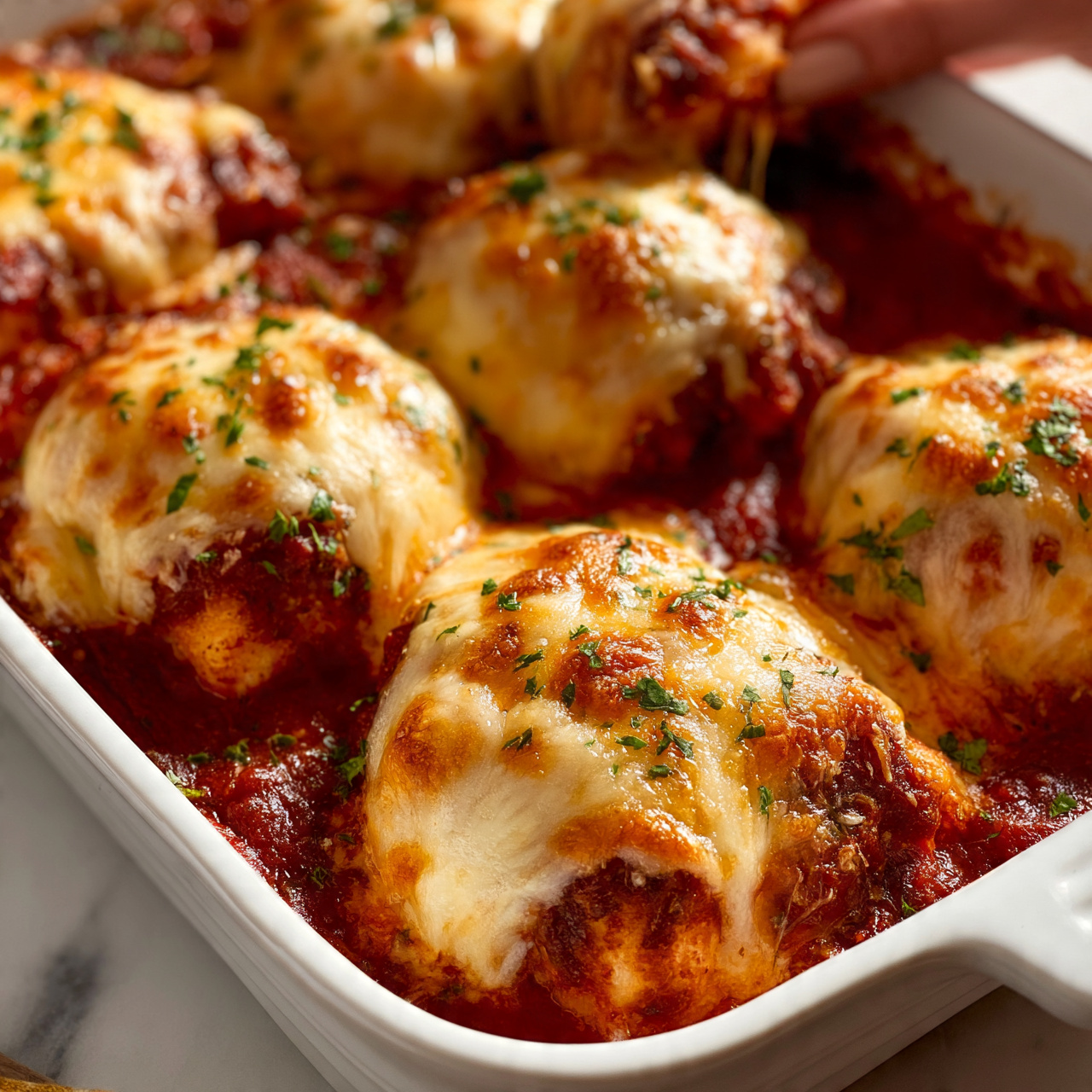 square image This image shows a white baking dish filled with golden baked chicken pieces covered in melted cheese. Each chicken piece has a thick layer of bubbly, slightly browned cheese on top, sprinkled with small green fresh herbs. The chicken rests in a rich, red tomato sauce that coats the bottom of the dish and peeks through between the chicken pieces. The textures show a mix of smooth sauce and melted cheese with slight crispiness at the edges. The background and surface are white marbled, and a woman's hand is lifting one chicken piece from the dish, causing some sauce to drip slightly. photo taken with an iphone --ar 4:5 --v 7