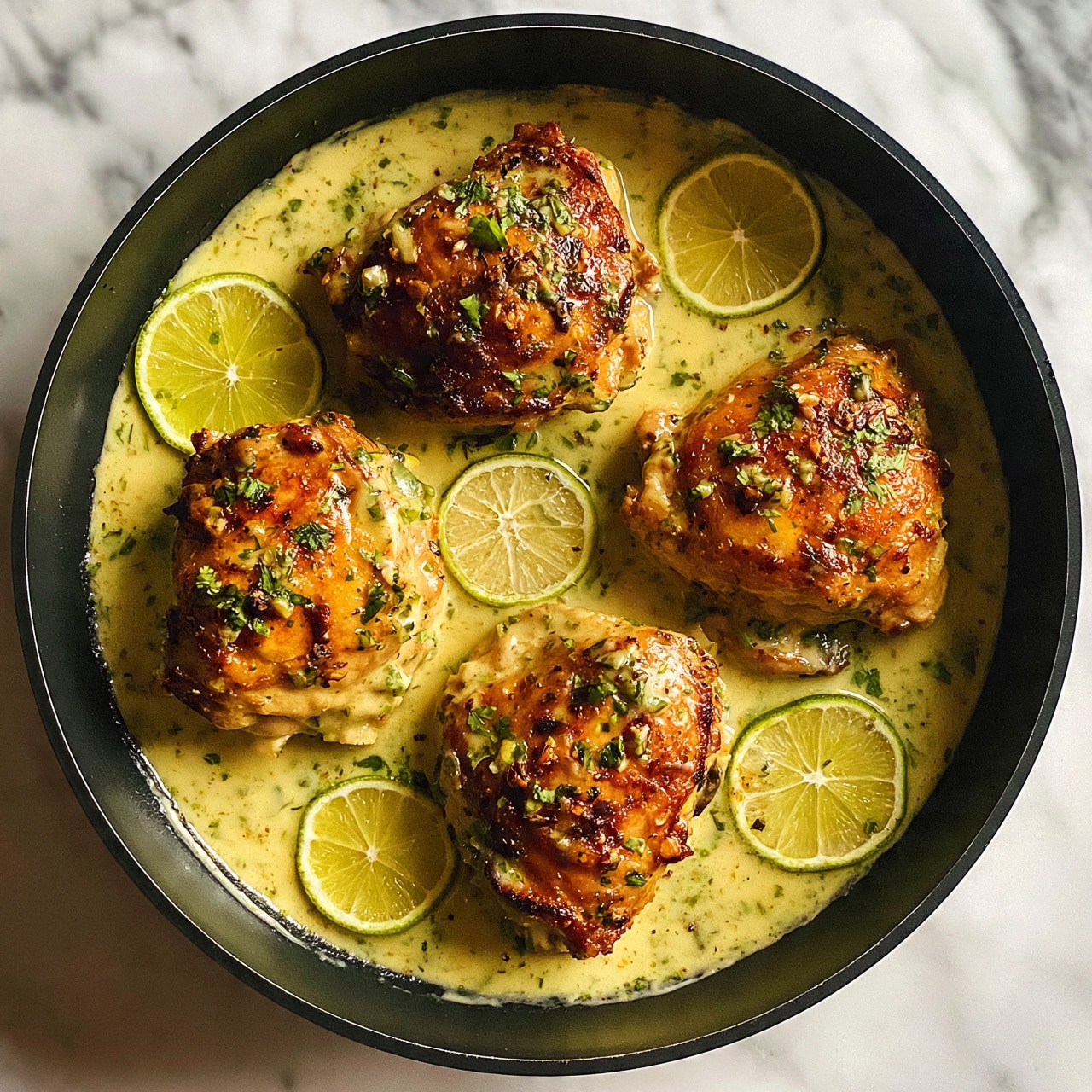 square image A black pan with four cooked pieces of golden chicken sitting in light yellow creamy sauce with visible herbs and small bits of seasoning. Thin round slices of lime are spread around the chicken pieces. The sauce looks smooth with some sprinkled green herbs on top. The pan rests on a white marbled surface. photo taken with an iphone --ar 4:5 --v 7