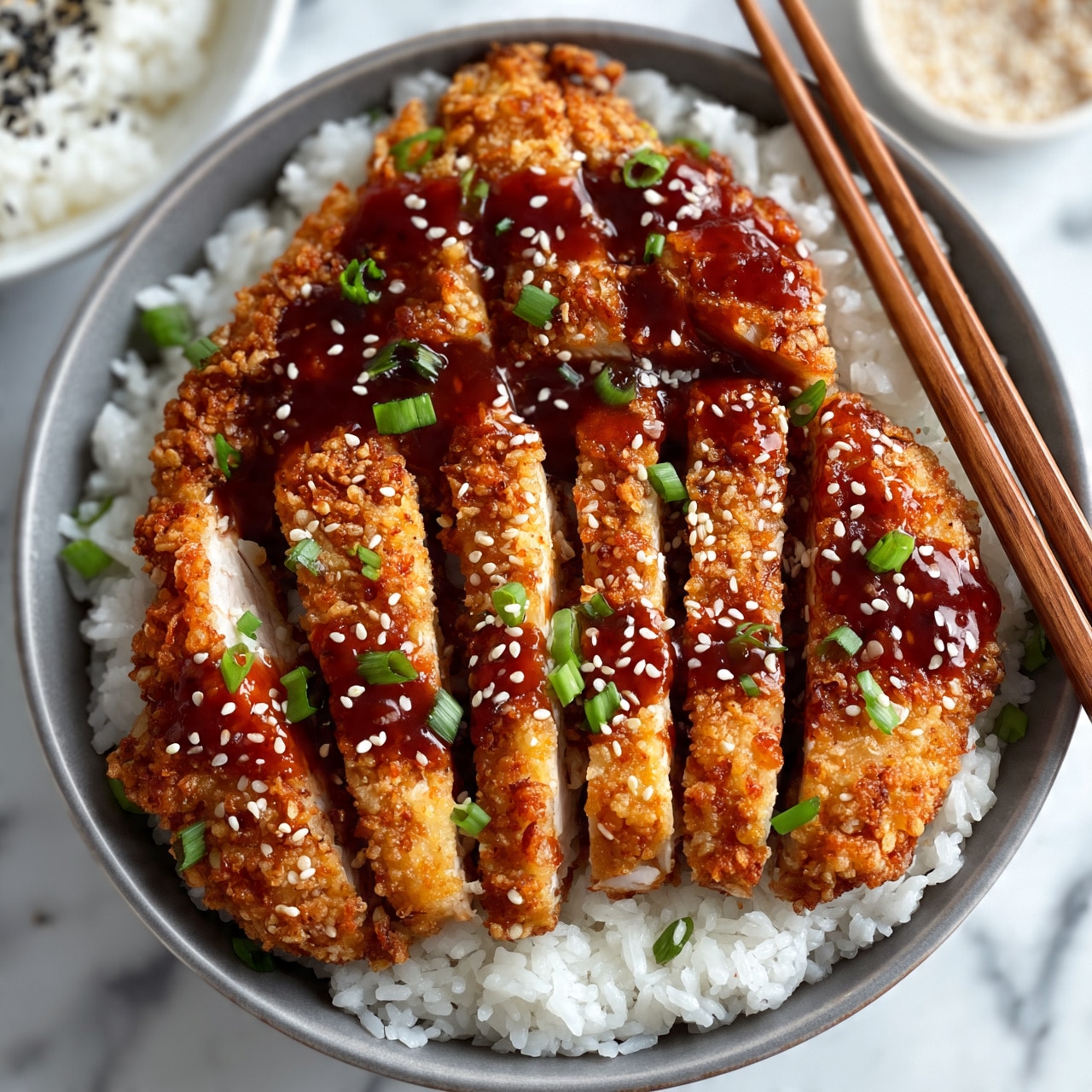 square image A gray bowl filled with a base layer of white fluffy rice topped with six sliced pieces of golden brown crispy fried chicken lined up horizontally. A thick reddish-brown sauce is spread over the chicken slices, sprinkled with white sesame seeds and small pieces of bright green chopped scallions scattered across the dish. Wooden chopsticks rest on the right side of the bowl. In the blurred background, a white bowl with white rice and black sesame seeds is partially visible on the left, and a small white bowl filled with sesame seeds is on the top right, all set against a white marbled surface. Photo taken with an iphone --ar 4:5 --v 7
