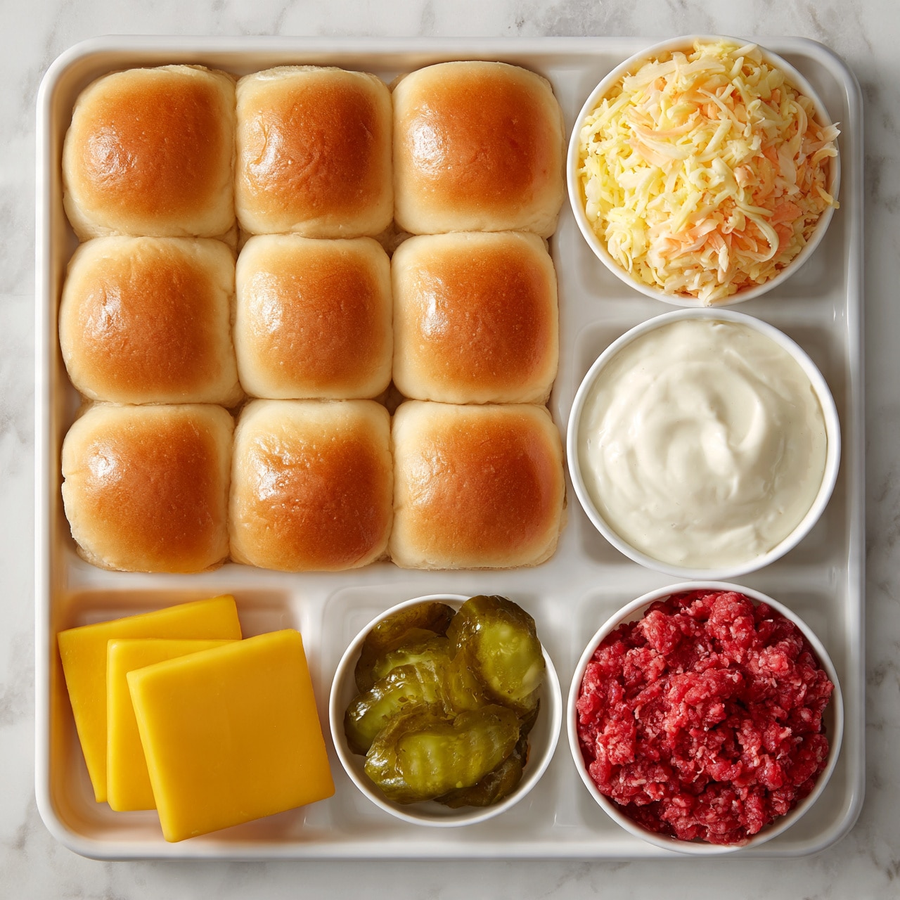 square image The image shows a meal tray with six sections, placed on a white marbled surface. The largest section holds a 3 by 4 grid of soft, golden-brown sandwich buns with shiny tops. To the top right, there is a white bowl filled with pale yellow and orange shredded cheese. Below that, another white bowl contains smooth, creamy white sauce. On the bottom left, there are four squares of bright yellow cheese stacked neatly. Next to the cheese, a small white bowl holds green pickles sliced lengthwise, showing their moist, shiny texture. The bottom right section contains a white bowl filled with raw ground meat that is red with a coarse, crumbly texture. The photo taken with an iphone --ar 4:5 --v 7