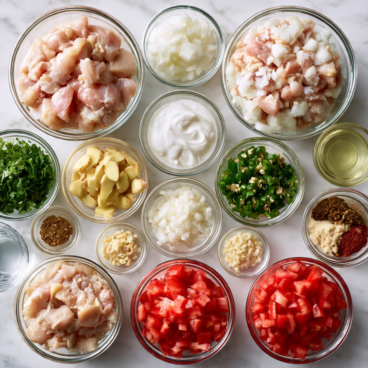 square image The image shows many clear glass bowls neatly arranged on a white marbled surface. The largest bowls hold raw chicken pieces that are pale pink, diced white onions, and bright red chopped tomatoes. Medium bowls contain fresh green chopped cilantro, light yellow sliced ginger, and chopped green chili peppers with seeds. Smaller bowls hold a creamy white yogurt, finely chopped garlic, and various spices in shades of brown, red, and off-white. There is also a clear glass of water and a light yellow oil in small bowls. The items are evenly spaced, showing a clean and organized preparation setup photo taken with an iphone --ar 4:5 --v 7