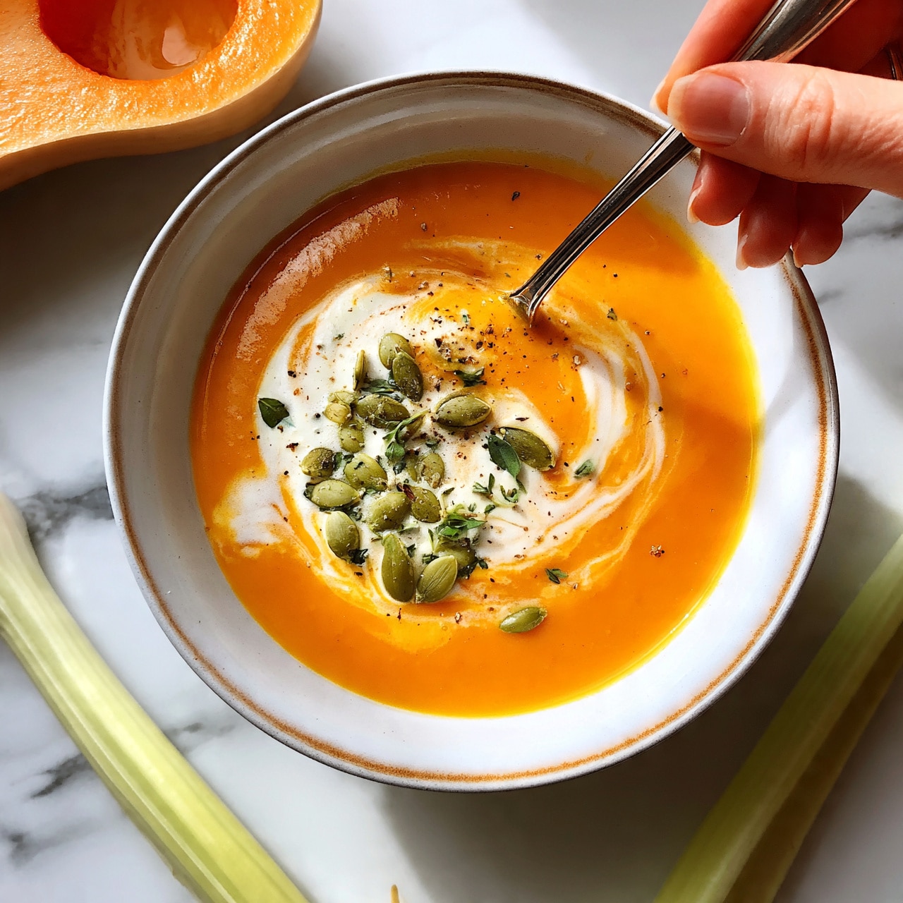 square image The image shows a bowl of smooth orange soup with a creamy swirl on top, garnished with green pumpkin seeds and fresh herbs. The bowl is white with a slightly brown edge, placed on a white marbled surface. A spoon is inside the bowl, and a woman's hand holds the spoon as if about to scoop the soup. Surrounding the bowl are a halved butternut squash and a light green celery stalk, adding more color and context to the scene. The lighting is bright and natural, highlighting the rich colors and textures of the soup and its toppings. photo taken with an iphone --ar 4:5 --v 7
