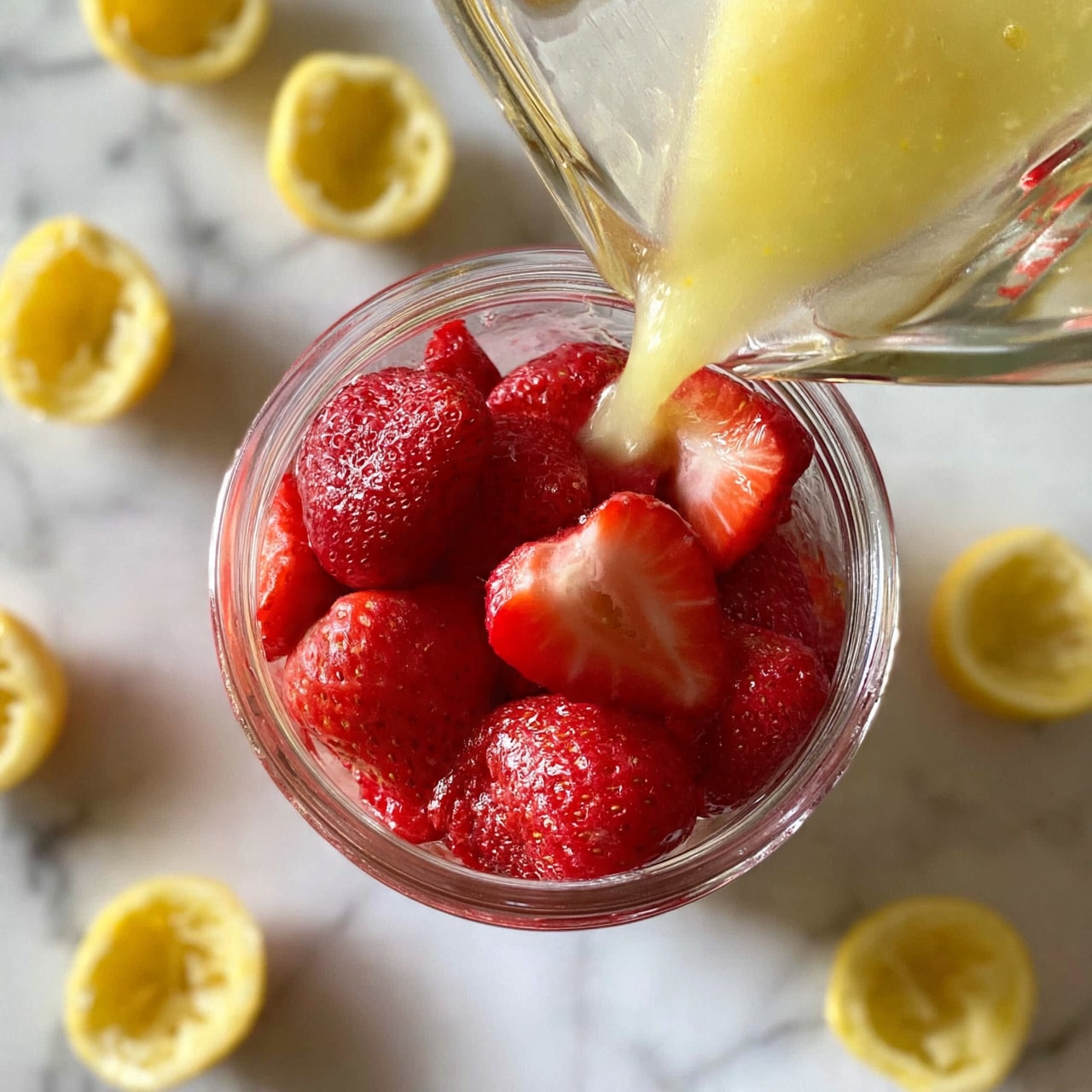 square image A clear blender jar filled with whole and halved fresh strawberries, showing their bright red and textured skin, sits on a white marbled surface. Around the blender, there are several empty, yellow lemon halves scattered randomly. A glass measuring cup with a light yellow liquid is tilted above the blender, pouring the liquid over the strawberries. The glass jar and measuring cup have clear, smooth textures reflecting light. photo taken with an iphone --ar 4:5 --v 7square image