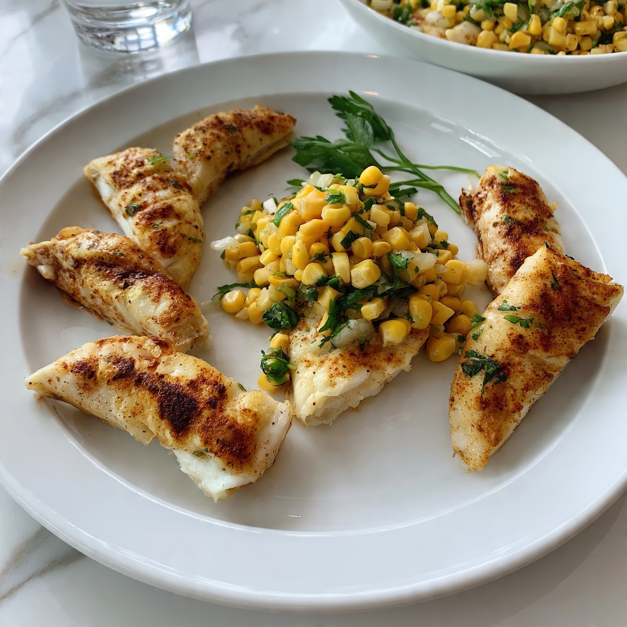 square image A white plate holds five pieces of cooked fish with a slightly browned, spiced surface. The fish pieces are arranged in a loose circle with three pieces on the left and two on the right. On top of the middle fish pieces, there is a fresh corn and green herb salsa, showing bright yellow corn kernels mixed with chopped green herbs and small pieces of what looks like onion. A sprig of leafy green herb is placed near the salsa, adding a touch of color. The plate is set on a white marbled surface with a glass of water and a white bowl of more salsa visible in the background. Photo taken with an iphone --ar 4:5 --v 7