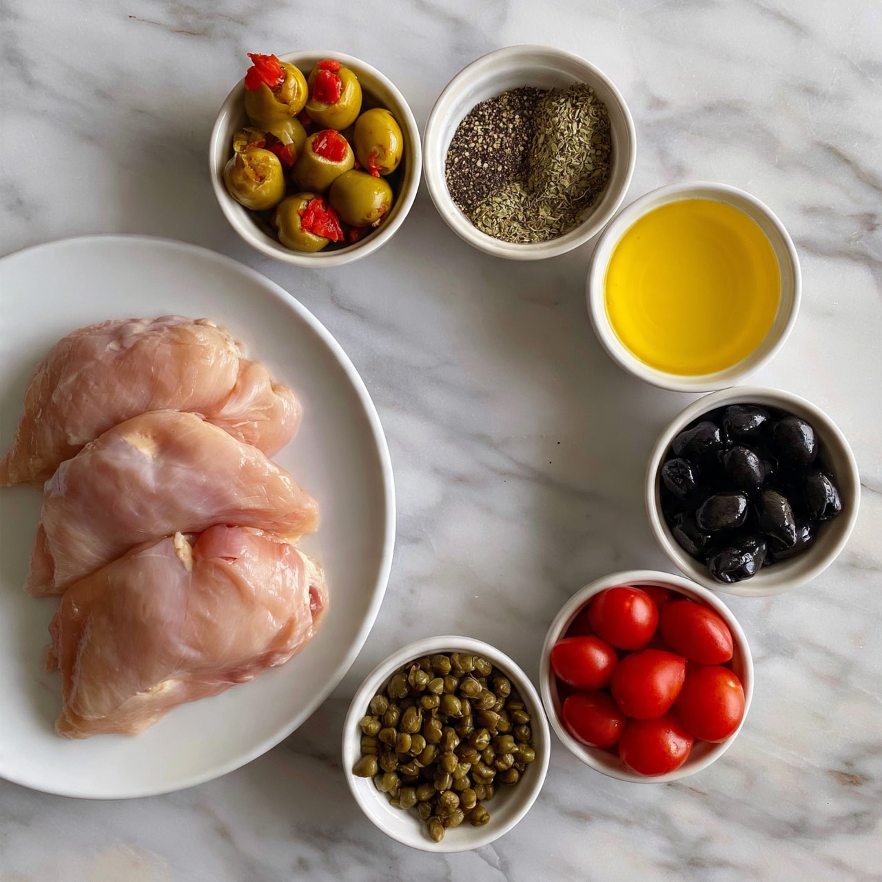 square image The image shows a white plate with three raw chicken fillets on the left side. Surrounding the plate are six small white bowls arranged in a loose circle on a white marbled surface. The bowls contain green olives stuffed with pimentos, dried oregano, black pepper, olive oil, lemon juice, capers, whole black olives, and cherry tomatoes. The colors are fresh and vibrant with red, green, yellow, and black tones. photo taken with an iphone --ar 4:5 --v 7