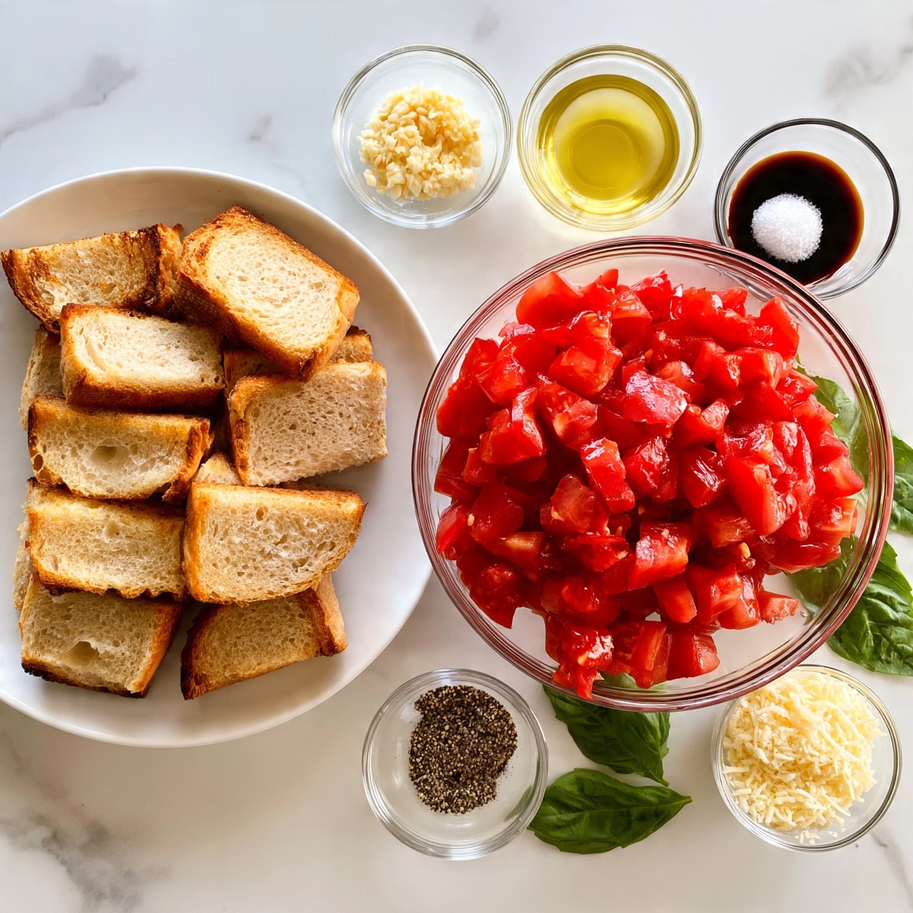 square image The image shows ingredients for bruschetta on a white marbled surface. On the left, a white plate holds about eight slices of toasted bread with a golden-brown crust and soft light beige centers. On the right, a large clear glass bowl is filled with bright red chopped tomatoes that have a fresh, juicy texture. Surrounding it are small clear glass bowls: one with finely minced garlic, one with pale yellow olive oil, one with a small pile of coarse salt, one with dark brown balsamic vinegar, one with ground black pepper, and one with grated pale yellow cheese. Fresh green basil leaves lay next to the bowls, adding a pop of color. The photo is taken with an iphone --ar 4:5 --v 7