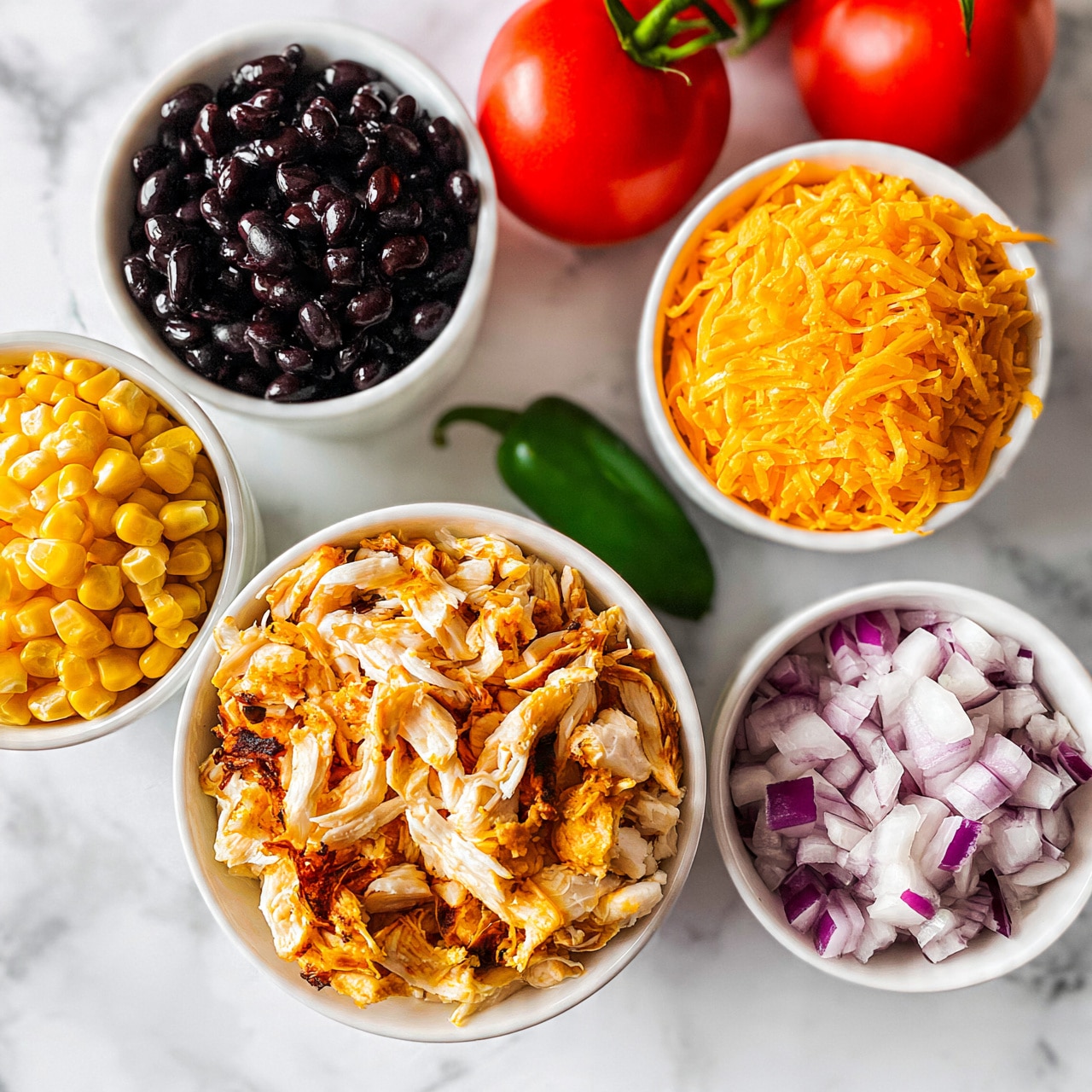 square image The image shows six small white bowls arranged on a white marbled surface, each filled with different ingredients. One bowl contains black beans with a shiny, smooth texture, another has bright yellow corn kernels. A third bowl is filled with shredded cheddar cheese in a rich orange shade. The largest bowl holds shredded cooked chicken with a mix of light brown and white colors, showing some crispy, browned edges. Diced red onions with white and purple layers fill another bowl. There are also two fresh red tomatoes on the vine and a green jalapeño pepper placed between the bowls. The overall composition is neat, colorful, and bright, photo taken with an iphone --ar 4:5 --v 7
