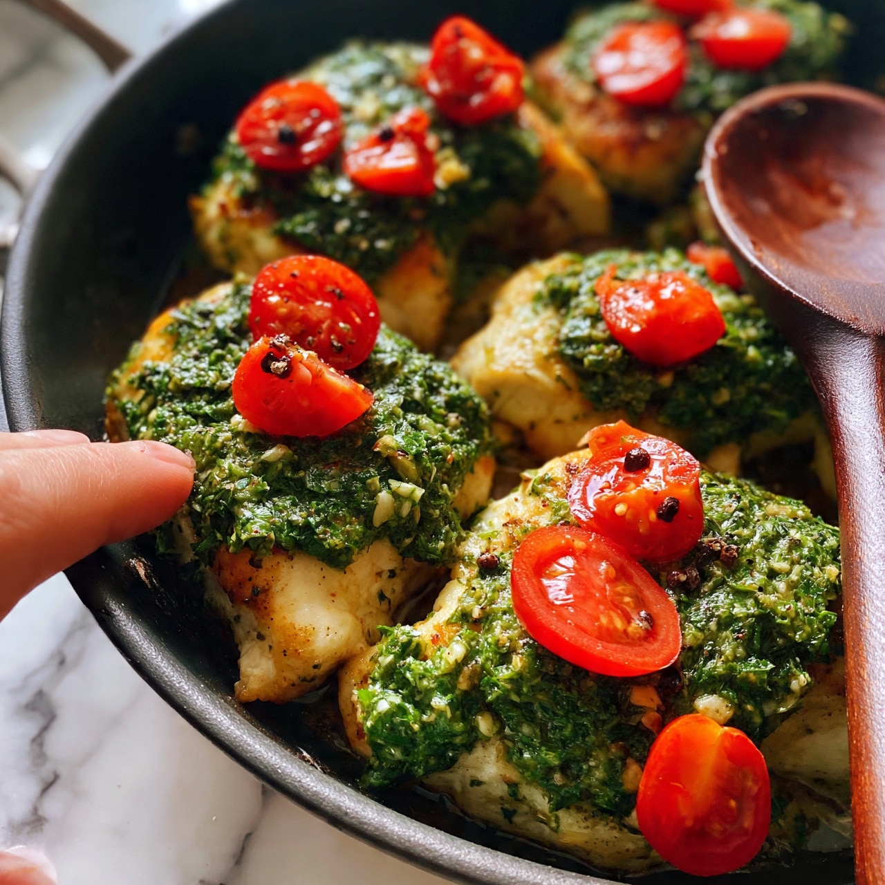 square image The image shows a close view of cooked chicken pieces in a pan with a brown wooden spoon on the right side. Each chicken piece is covered with a green herb mixture that looks rough and fresh, with small bits of garlic visible. On top of the herb layer, there are sliced red cherry tomatoes cut into halves and small black pepper pieces sprinkled over everything. The chicken pieces have a light golden-brown color under the green topping, and the pan edges are visible but the background is a white marbled surface. A woman's hand is touching one piece with the wooden spoon. Photo taken with an iphone --ar 4:5 --v 7