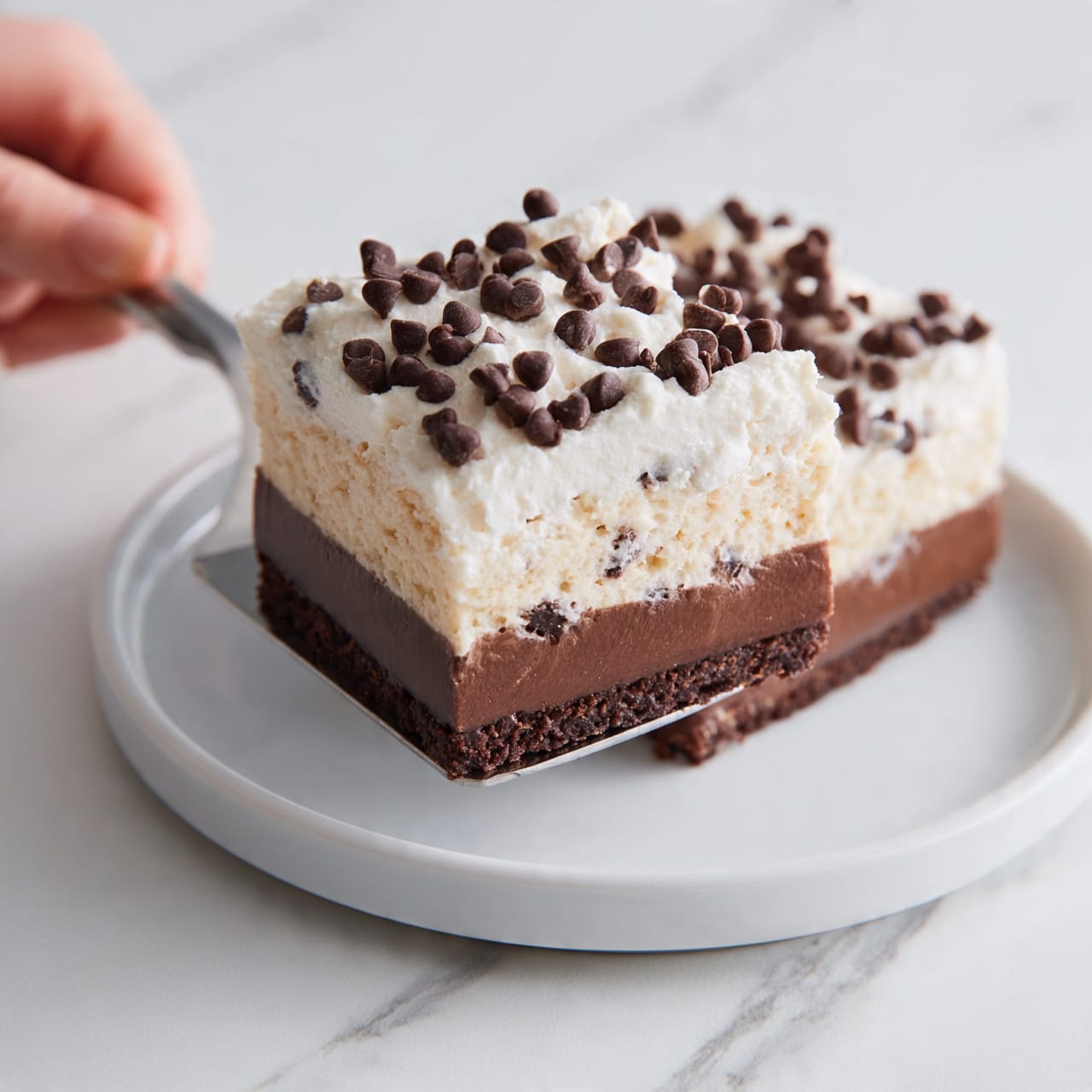 square image The image shows a square slice of a layered dessert on a silver spatula, with the background showing the remaining dessert in a round white plate on a white marbled surface. The dessert has four clear layers: the bottom layer is a dark brown, crumbly crust; above it is a thick, smooth dark chocolate layer; then a thick, light cream layer sits on top, fluffy and soft in texture; finally, the top is sprinkled with small, dark chocolate chips scattered evenly. A woman's hand holds the spatula from the left side. The overall colors are white, dark brown, and light cream, with a clean and neat look. Photo taken with an iphone --ar 4:5 --v 7