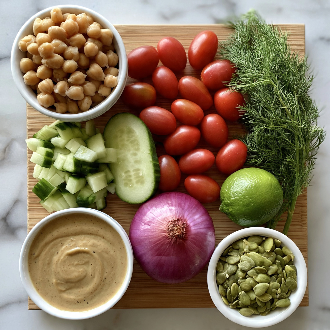 square image The image shows a wooden cutting board placed on a white marbled surface, filled with fresh ingredients arranged neatly. On the top left corner, there is a white bowl full of chickpeas. Below it, there are chopped cucumber pieces in small cubes, and next to them are a sliced cucumber, grape tomatoes spread out, a whole red onion, and a green lime near the bottom right corner. A bunch of fresh green dill is placed on the right side of the board. At the bottom left corner, there is a white bowl with a creamy beige dressing, and near the bottom right corner, another white bowl is filled with green pumpkin seeds. The colors are bright and fresh, giving a clear view of each ingredient. Photo taken with an iphone --ar 4:5 --v 7