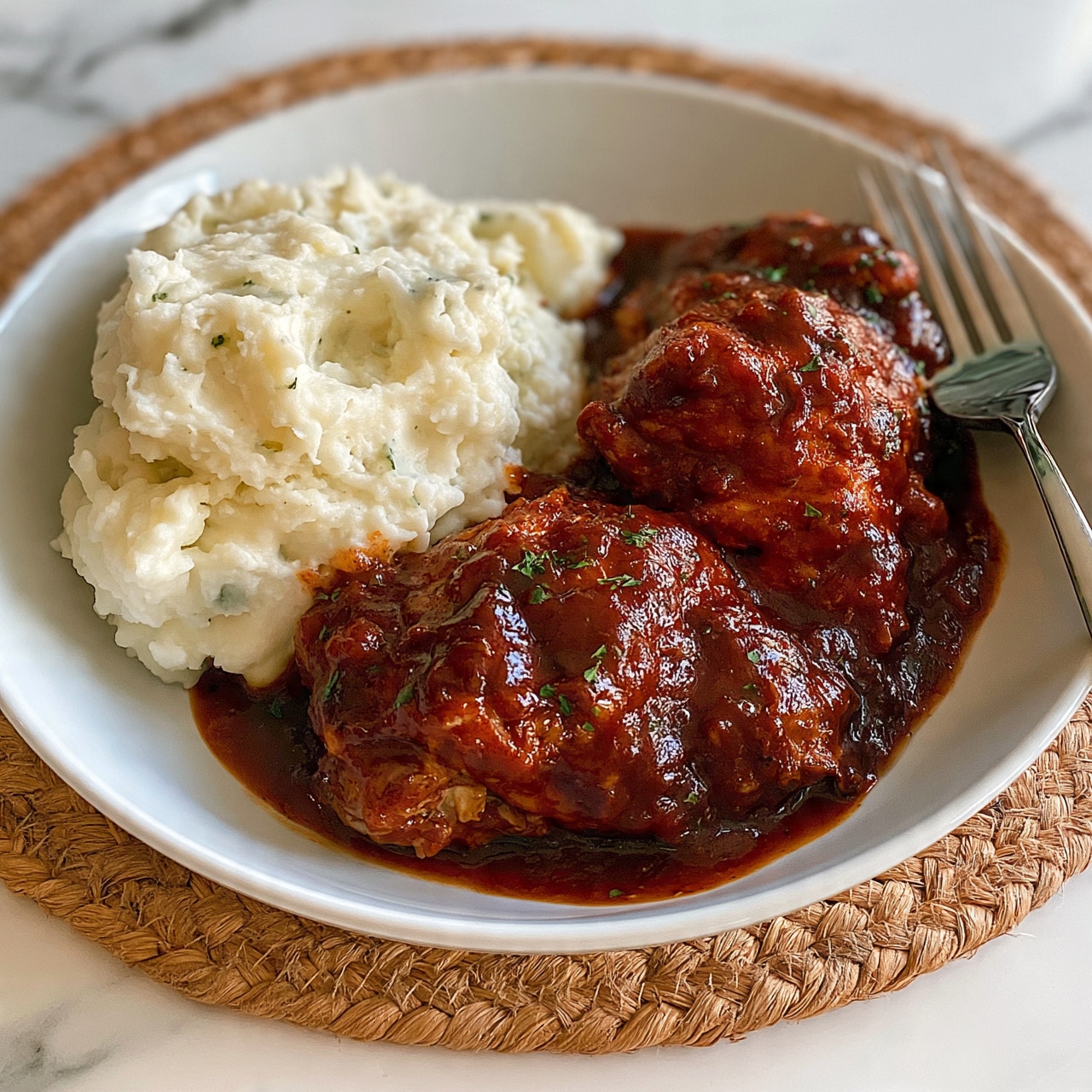square image A white bowl contains two pieces of chicken covered in thick dark red sauce with small green herb bits sprinkled on top. Next to the chicken is a large scoop of creamy white mashed potatoes with some small green herbs mixed inside. The bowl sits on a round woven placemat over a white marbled surface. A silver fork is placed on the right side of the bowl near the edge. photo taken with an iphone --ar 4:5 --v 7