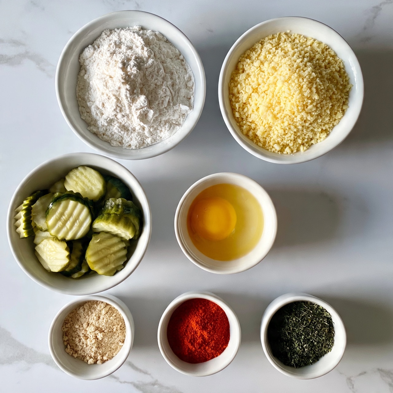 square image The image shows seven white bowls arranged on a white marbled surface. From the top left, the first bowl contains white flour with a loose, powdery texture. Next to it on the right is a bowl filled with pale yellow, coarse breadcrumbs. Below the flour is a bowl with sliced green pickles that have a crinkled texture. To the right of the pickles is a small bowl with a golden yellow liquid, likely an egg. Below the pickles are three small bowls in a row: the left one has a powdery beige spice, the middle one contains bright red paprika powder, and the right one holds finely chopped dark green herbs. Photo taken with an iphone --ar 4:5 --v 7