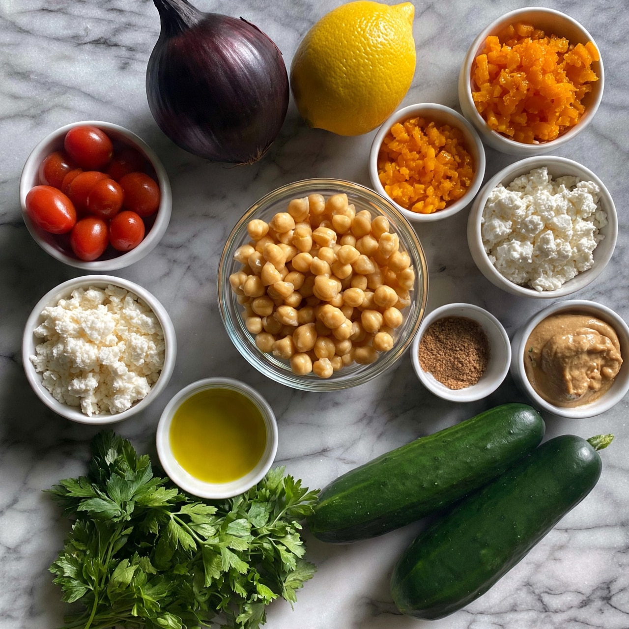 square image The image shows a white marble surface with small glass bowls and fresh ingredients spread out. There is a clear glass bowl in the center filled with pale yellow chickpeas. Surrounding it, from top to bottom, are a whole dark purple onion, a whole bright yellow lemon, a white bowl with small red cherry tomatoes, a white bowl with small bright orange chopped pieces, a white bowl with white crumbled cheese, a white bowl with a brown powder, a small white bowl with yellow olive oil, and a small white bowl with light brown tahini. Three fresh dark green cucumbers and fresh green parsley lie on the marble surface. Photo taken with an iphone --ar 4:5 --v 7