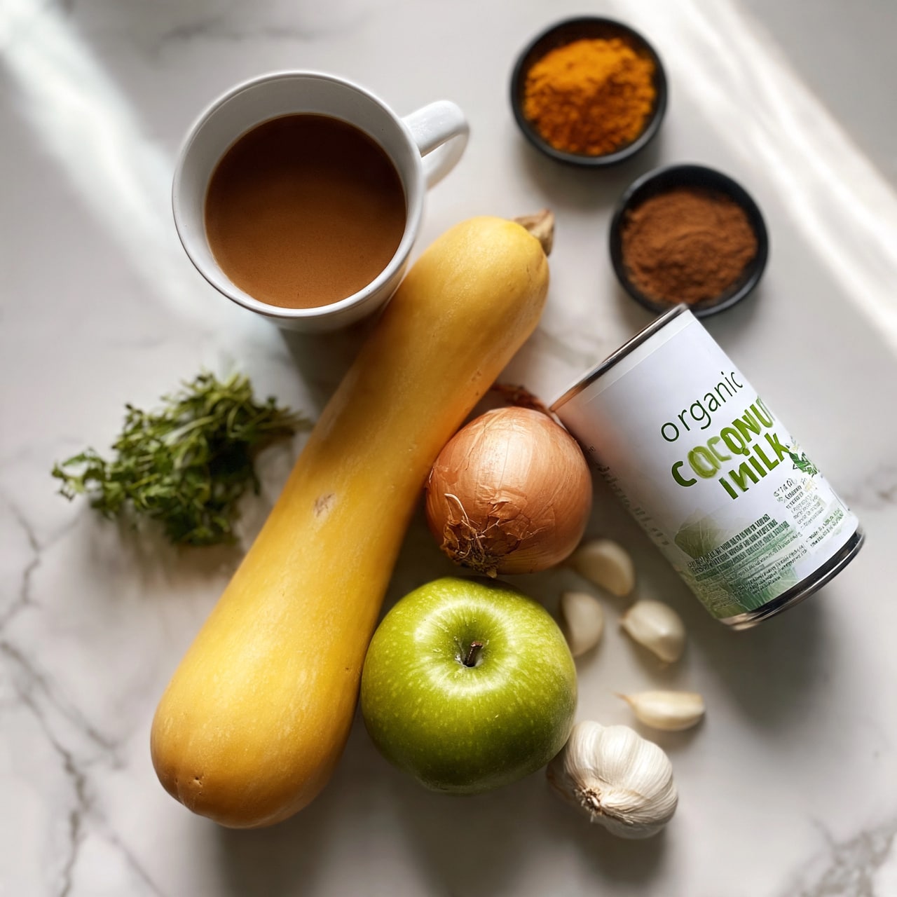  square image The image shows ingredients arranged on a white marbled surface: a white ceramic mug filled with brown liquid, a long yellow butternut squash placed vertically, a whole onion with light brown skin next to the squash, a green apple with smooth skin, a small bunch of fresh green herbs, a white can labeled organic coconut milk tilted slightly, three white garlic cloves, and two small black dishes containing orange turmeric powder and brown cinnamon powder respectively. The lighting is soft and natural, highlighting the different colors and textures. Photo taken with an iphone --ar 4:5 --v 7