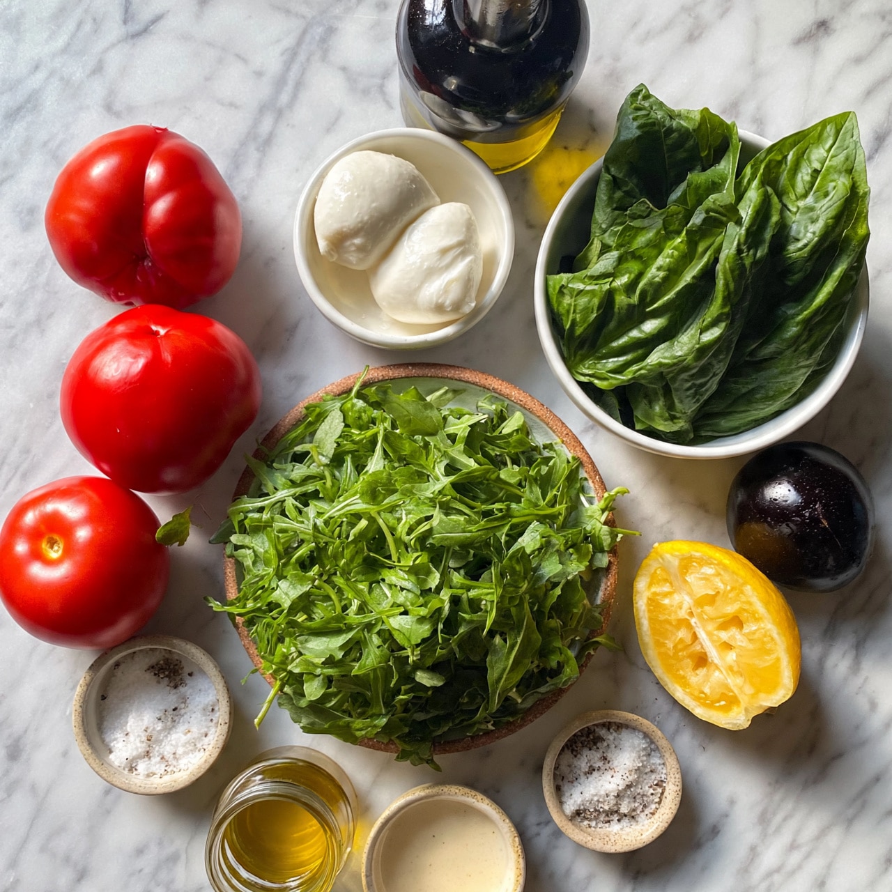 square image The image shows fresh ingredients arranged on a white marbled surface. In the center, there is a round bowl filled with vibrant green arugula leaves. To the right, a white bowl holds large, fresh dark green basil leaves. Above, a small white bowl contains two smooth white mozzarella cheese pieces. Around these main items, there are a few large, red heirloom tomatoes and one dark purple-black tomato. A halved lemon with bright yellow inner flesh is placed near a small bowl of white salt mixed with pepper. Below, there is a small glass jar with golden olive oil and next to it a small bowl with creamy dressing. A dark glass bottle of olive oil stands tall at the top. The setting is rustic with a simple and fresh look. photo taken with an iphone --ar 4:5 --v 7