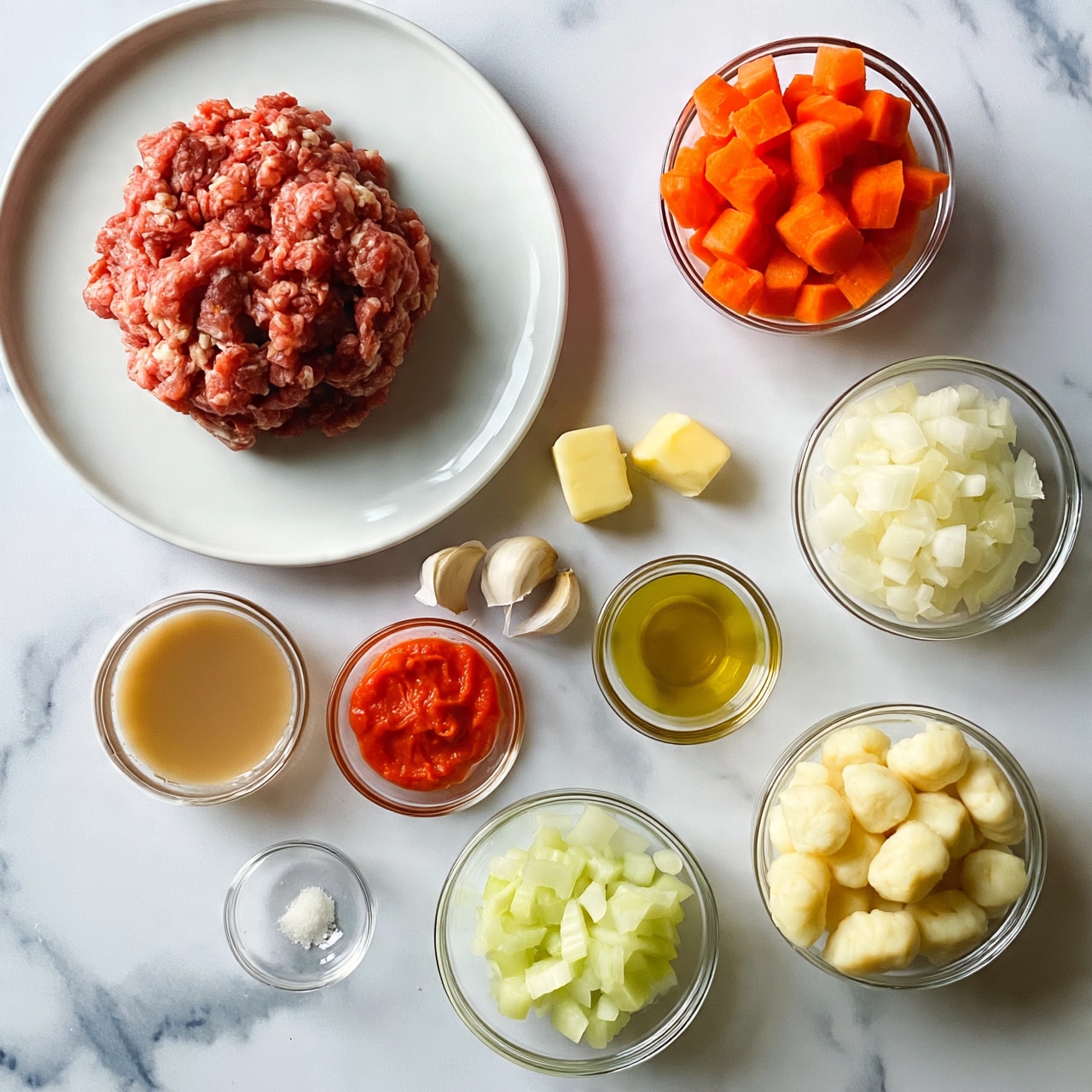 square image The image shows a white round plate filled with a mound of raw ground meat on the top left. Around it are several small clear glass bowls arranged neatly on a white marbled surface. One bowl contains bright orange diced carrots on the top right, another has chopped white onions below it. There is a bowl filled with small pale gnocchi pieces on the bottom right. Near the middle are three small pieces of yellow butter, and three cloves of garlic next to a small bowl of light brown broth or stock. Small amounts of bright red tomato paste and golden olive oil are in two small clear bowls in the center. Light green diced celery sits in a bowl in the bottom center, with a few grains of salt in a tiny bowl nearby. The colors show raw fresh ingredients with a mix of soft and smooth textures. photo taken with an iphone --ar 4:5 --v 7