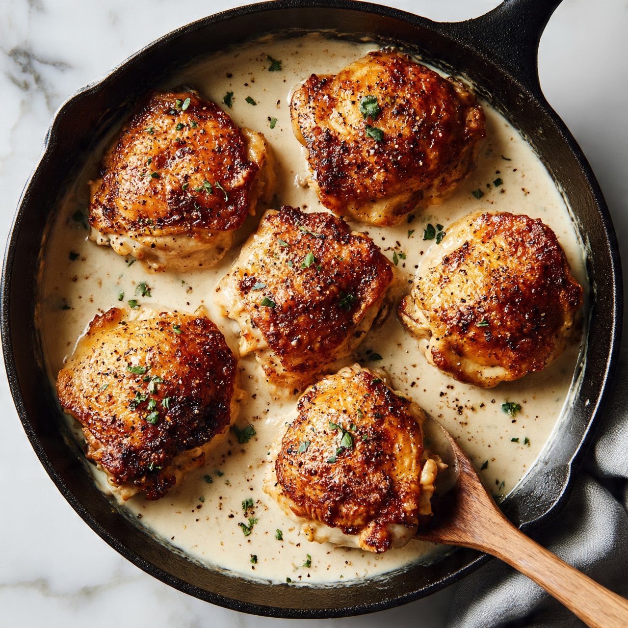 square image A black cast iron pan holds six pieces of golden-brown chicken thighs, each with crispy skin speckled with black pepper and small green herb leaves on top. The chicken rests in a thick, creamy light beige sauce that fills the bottom of the pan, with small bits of green herbs scattered throughout. A wooden spoon lifts one piece of chicken from the lower right side. The pan is placed on a white marbled surface, with a folded gray cloth nearby. photo taken with an iphone --ar 4:5 --v 7
