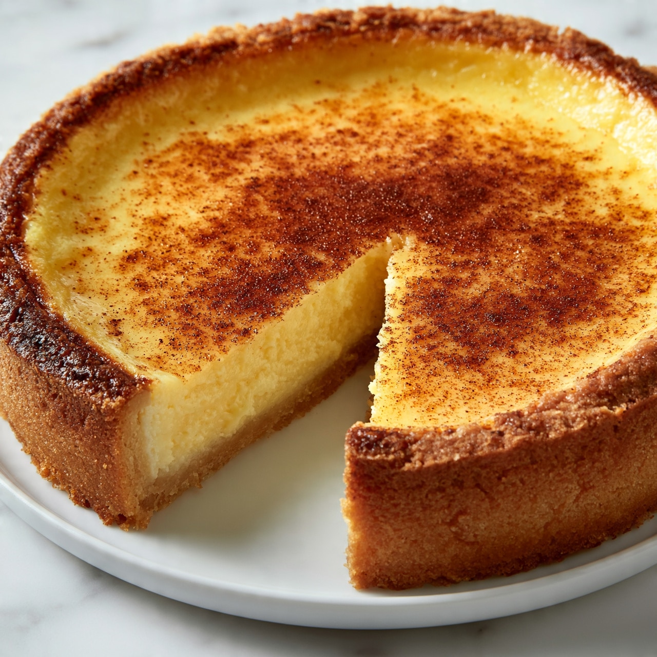 square image A round pie with a golden yellow top layer that looks smooth and creamy, sprinkled lightly with brown cinnamon powder. The pie is thick with a browned crust around the edges, showing a firm and slightly flaky texture. A slice is taken out from the pie, revealing a thick, pale yellow inner filling that looks dense and soft, resting on a sturdy crust base. The pie sits on a white plate which is placed on a white marbled surface. Photo taken with an iphone --ar 4:5 --v 7