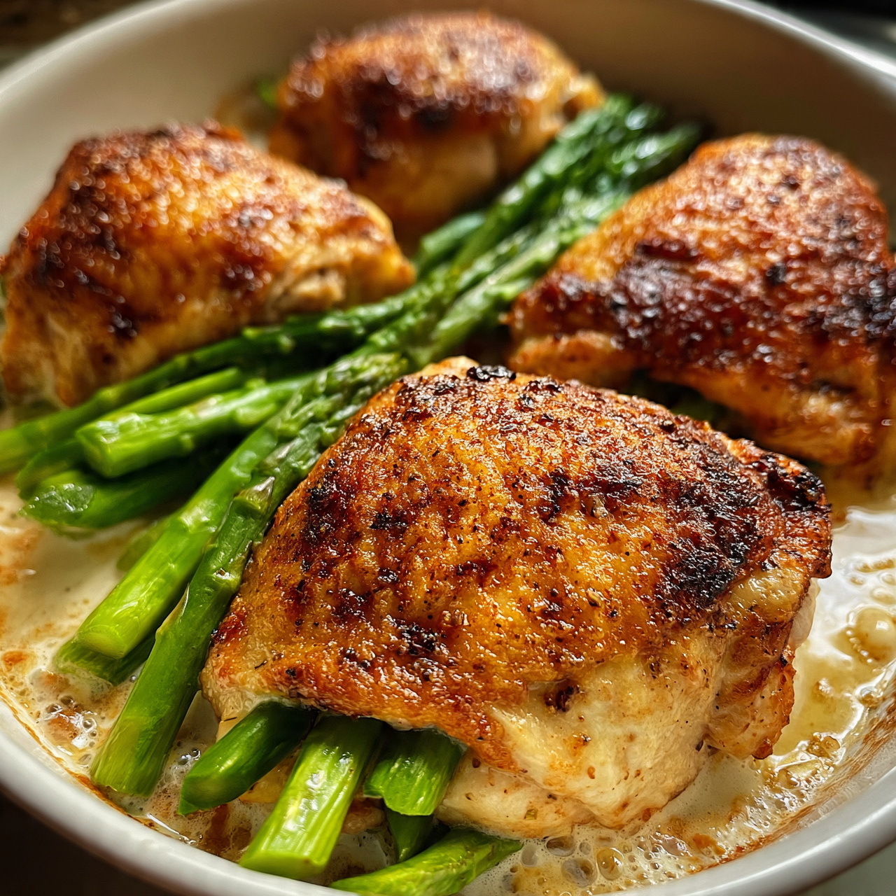square image The image shows a white pan with four golden brown cooked chicken thighs on top of bright green asparagus spears. The chicken thighs have a crispy, textured surface with some blackened seasoning spots. The asparagus spears peek out from under each chicken piece, arranged in a neat line. The pan has a bit of creamy sauce with small bubbles around the edges of the chicken, showing it’s hot and fresh. Photo taken with an iphone --ar 4:5 --v 7