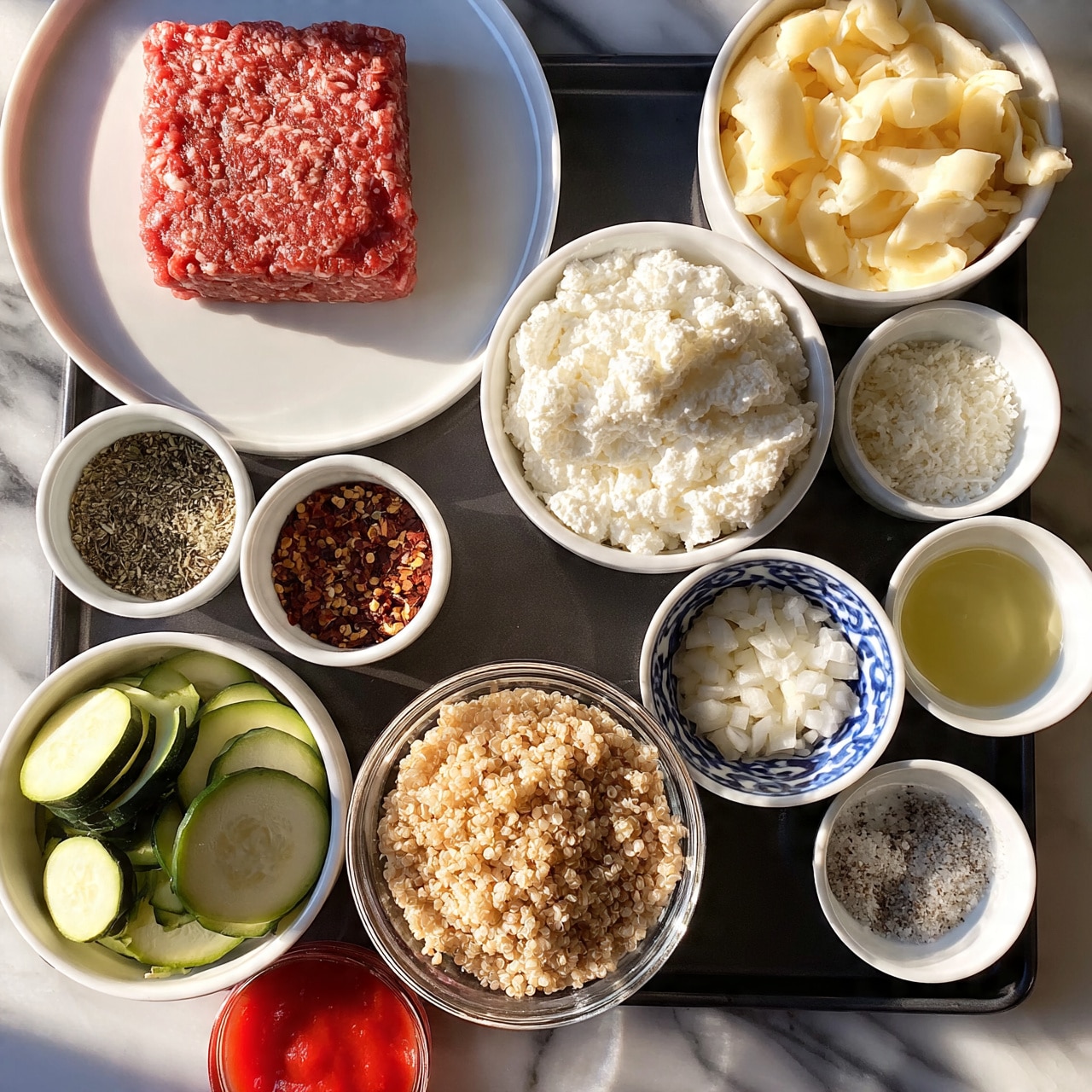 square image The image shows various cooking ingredients placed in small white bowls and a white bowl with blue pattern, all arranged on a dark tray set on a white marbled surface. At the top left, there is a square-shaped raw ground meat mound with a reddish-pink color on a white plate. To the right, a white bowl holds shredded pale yellow cheese with a soft texture. Below that, another white bowl contains loosely packed white ricotta cheese. Next to it is a small white bowl with grated white cheese, likely Parmesan. At the bottom left, there is a white bowl with sliced green zucchini rounds. Above it, a small white bowl contains a mix of dry herbs and red chili flakes. In the center, a clear glass bowl is filled with light brown cooked quinoa grains. Next to the quinoa, a white bowl with blue pattern holds small chopped white onions. A small white bowl near the bottom right contains a grayish salt and pepper mix. Another small white bowl with a pale yellow squeezed liquid, possibly oil, is next to the shredded cheese. At the lower left, a small glass container holds bright red tomato sauce. Photo taken with an iphone --ar 4:5 --v 7