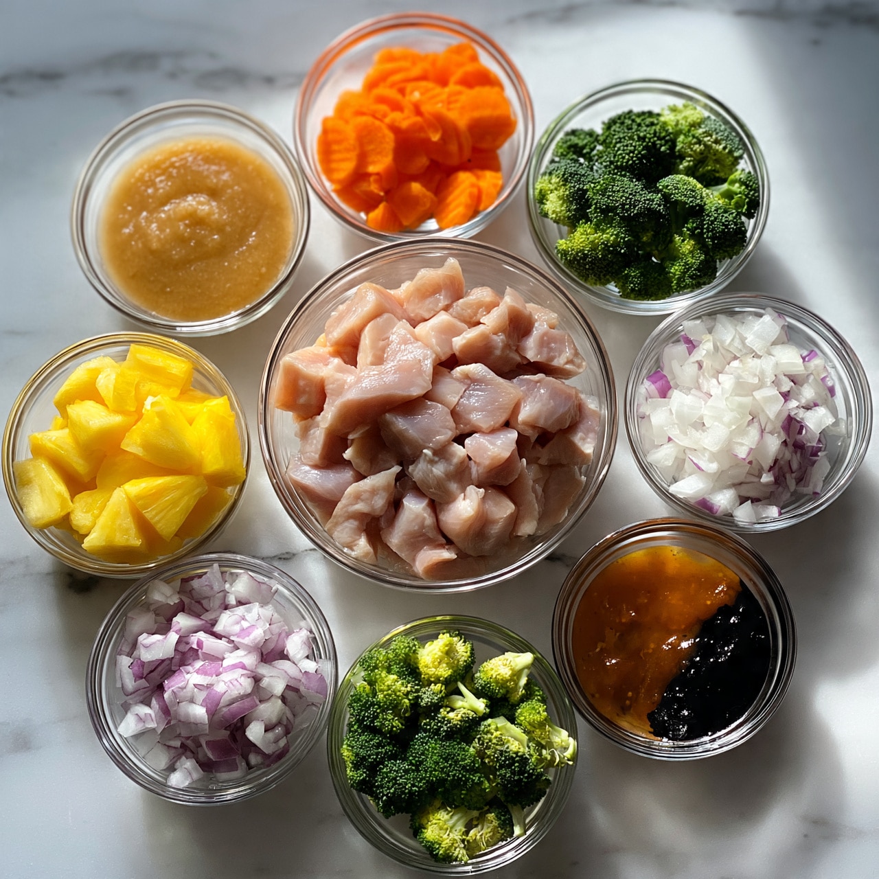 square image The image shows several small clear bowls arranged on a white marbled surface, each filled with different colorful ingredients. In the center, there is a larger clear bowl with diced raw chicken pieces, surrounded by bowls containing bright yellow pineapple chunks, bright orange carrot slices, green broccoli florets, white chopped onions with purple edges, and various sauces and pastes in shades of light brown, amber, and black. The bowls are neatly spaced in a circular pattern. The lighting is bright and natural, highlighting the fresh colors and textures of the ingredients. Photo taken with an iphone --ar 4:5 --v 7