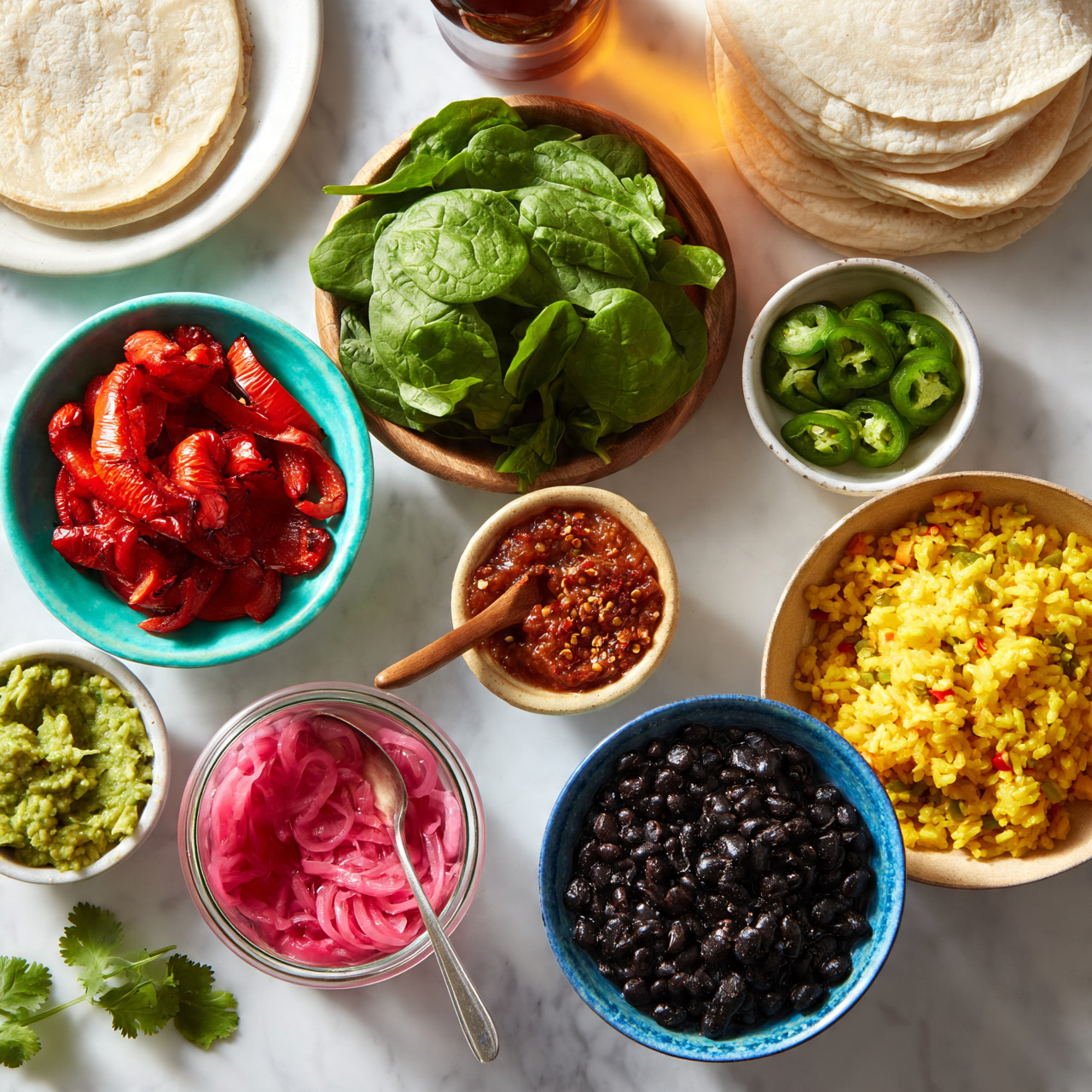 square image Several bowls and plates with colorful Mexican food ingredients arranged on a white marbled surface. There is a stack of soft flour tortillas in the top right and another single tortilla on a white plate in the top left. A blue bowl at the bottom right holds cooked black beans, and next to it is a beige bowl filled with yellow rice mixed with small red and green pieces. A wooden bowl in the center has fresh bright green spinach leaves, and a small white bowl at the top right contains sliced green jalapeños. A turquoise bowl on the left holds sliced cooked red bell peppers, and next to it is a small white bowl with chunky green guacamole. In the middle, a small beige bowl has a thick red salsa with visible chili flakes and a small wooden spoon. A glass jar filled with thin pickled red onions with a metal spoon sits nearby, along with a brown bottle of amber liquid near the upper center. A sprig of fresh cilantro lies at the bottom left corner. The scene is bright and clean, showing fresh and ready-to-eat ingredients. photo taken with an iphone --ar 4:5 --v 7