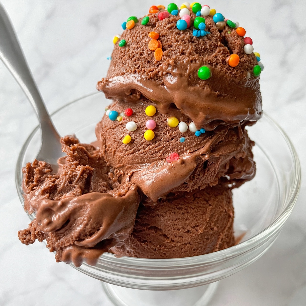 square image A close-up view of three large scoops of chocolate ice cream stacked in a clear glass dessert bowl, each scoop showing soft, creamy texture with some melting edges. The middle and top scoops are decorated with colorful round sprinkles in green, blue, orange, white, yellow, pink, and red. A silver spoon is inserted into the bowl from the left side, partially scooping some of the ice cream. The background is a white marbled texture. photo taken with an iphone --ar 4:5 --v 7