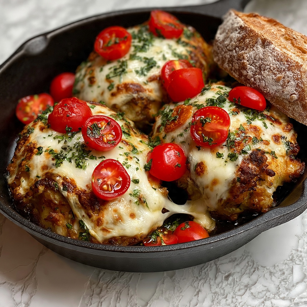 square image The image shows a cast iron skillet filled with three cooked chicken pieces topped with melted white cheese, scattered bright red cherry tomato halves, and finely chopped green herbs. The chicken has a golden-brown color with a slightly crispy texture under the cheese, which stretches slightly between the pieces. The tomatoes and herbs add fresh red and green pops of color on top. On the side, there is a piece of crusty bread with a rough, flour-dusted crust. The skillet sits on a white marbled textured surface. photo taken with an iphone --ar 4:5 --v 7