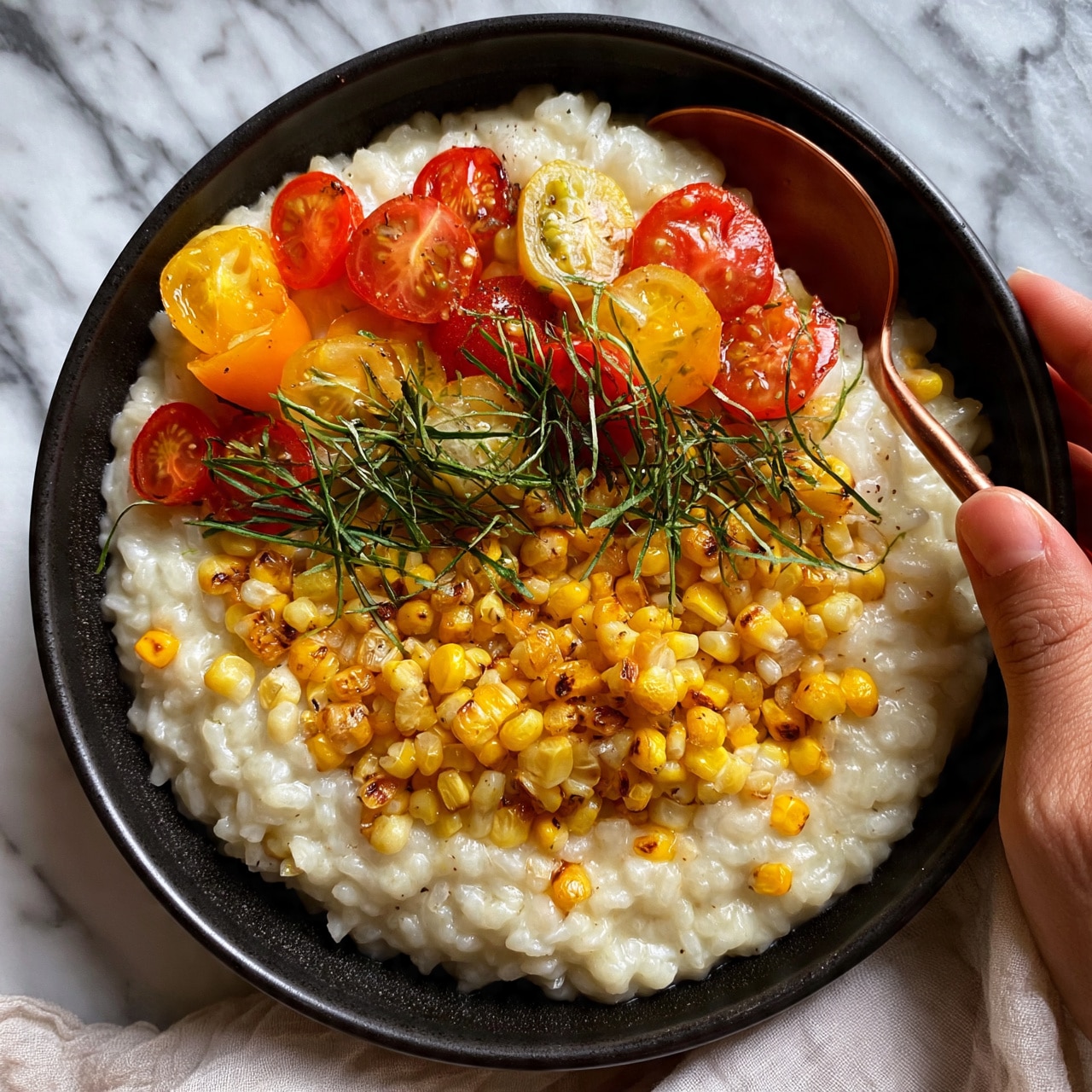square image The dish shows a black bowl filled with creamy white risotto as the base layer, topped with small charred yellow corn kernels scattered evenly. On top of the corn, there are sliced red and yellow cherry tomatoes, cut in half to reveal their juicy interiors. Fine green herb strips are sprinkled over the dish, adding a fresh touch. A copper spoon is placed on the right side inside the bowl, with a woman’s hand gently holding it. The background and surface are a white marbled texture with a soft cloth beneath the bowl. Photo taken with an iphone --ar 4:5 --v 7square image