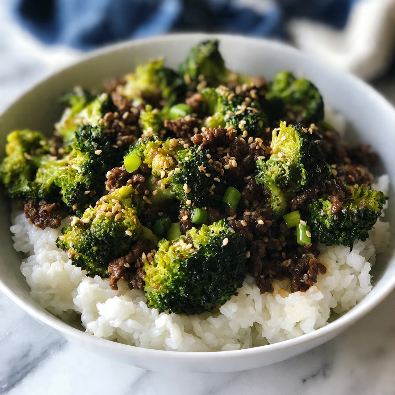 square image A white bowl filled with two clear layers: the bottom layer is a bed of fluffy white rice, and the top layer is made of cooked bright green broccoli pieces mixed with dark brown minced meat or similar, sprinkled with light tan sesame seeds and small pieces of chopped green onions. The bowl sits on a white marbled surface with a blurred blue and white cloth in the background. Photo taken with an iphone --ar 4:5 --v 7