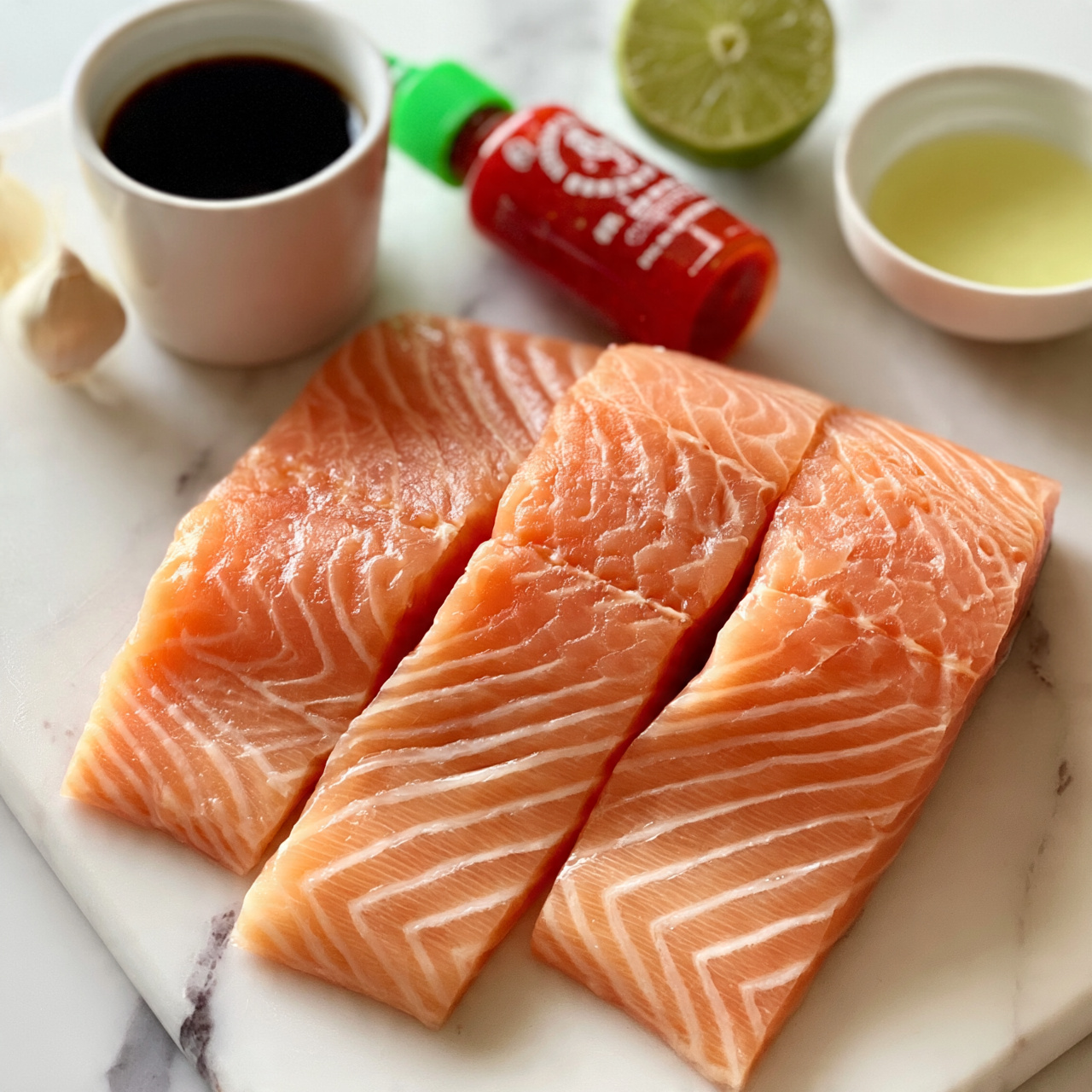 square image Three long light pink salmon fillets with visible white lines lay on a white marbled surface, surrounded by small containers and ingredients. A white cup filled with dark soy sauce stands to the top left, with a garlic clove nearby. A green-capped red bottle of hot chili sauce lies diagonally near the salmon. To the top right, a half of a green lime and a small white bowl filled with light yellow oil complete the scene. Everything is bright and clear, showing fresh ingredients ready for cooking. photo taken with an iphone --ar 4:5 --v 7