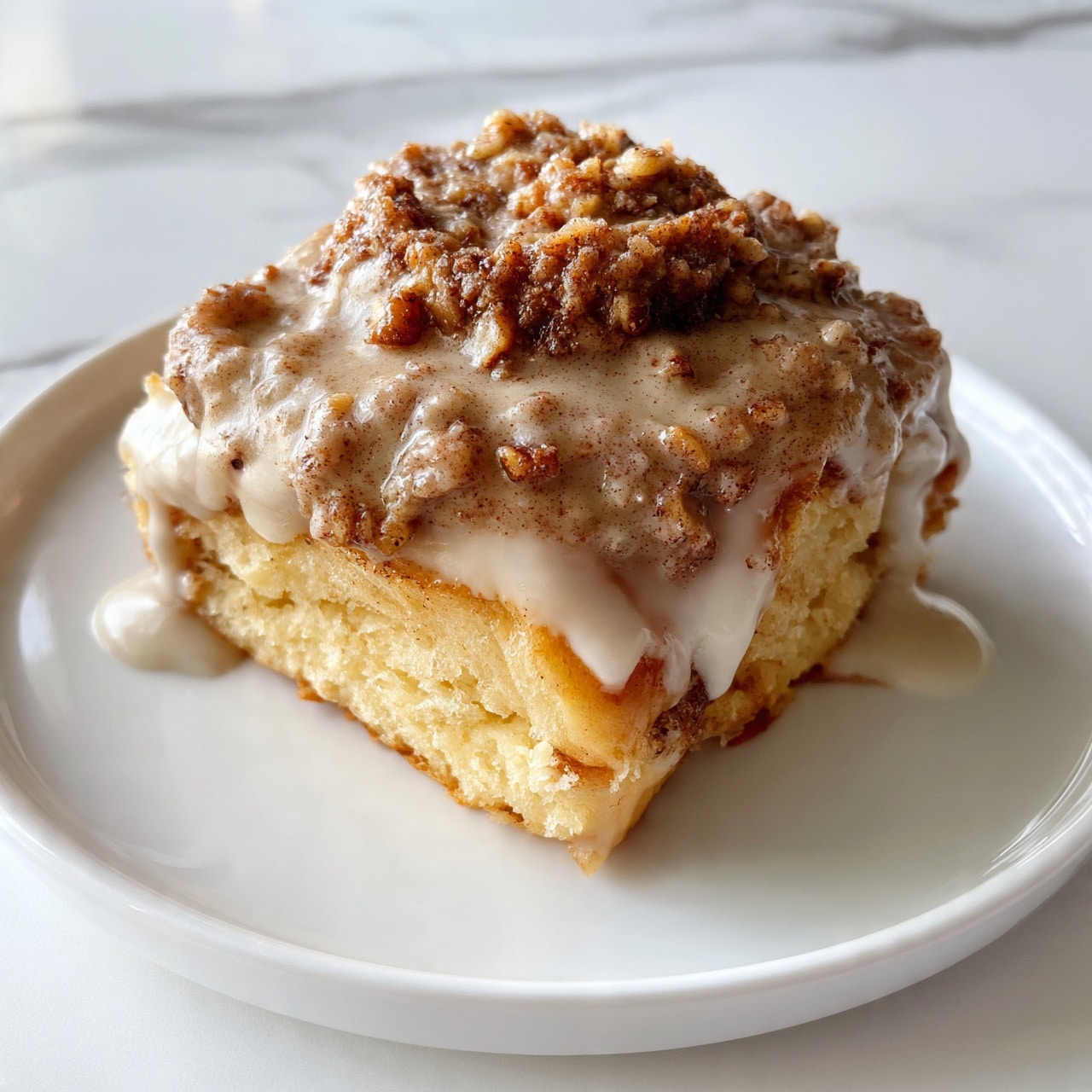 square image A single piece of cinnamon roll sits on a plain white round plate, showing about two visible layers. The bottom layer is light golden brown with a soft, fluffy texture. The top layer is covered in a thick, light brown cinnamon frosting mixed with small chunks of nuts, slightly rough in texture. Some white icing drips over the edges and pools slightly around the roll. The background is a white marbled surface. photo taken with an iphone --ar 4:5 --v 7