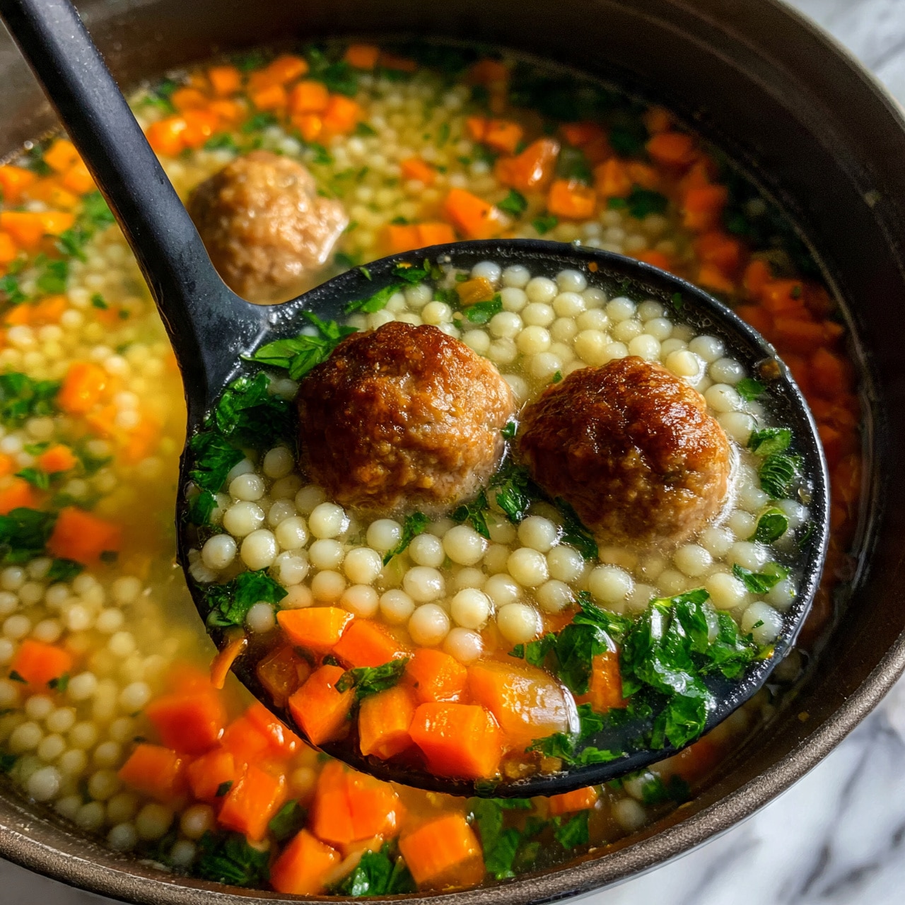 square image A close-up of a black ladle scooping vegetable and meatball soup from a large pot, showing three brown meatballs, small round white pasta pearls, bright orange carrot chunks, and green leafy herbs in a clear broth. The soup layers include the meatballs with a smooth texture scattered on top, the white pasta pearls clustered evenly around, diced carrots adding bright color, and chopped green herbs adding freshness, all visible in the clear liquid, with the pot’s dark interior making the colors stand out. The background is a white marbled texture. photo taken with an iphone --ar 4:5 --v 7