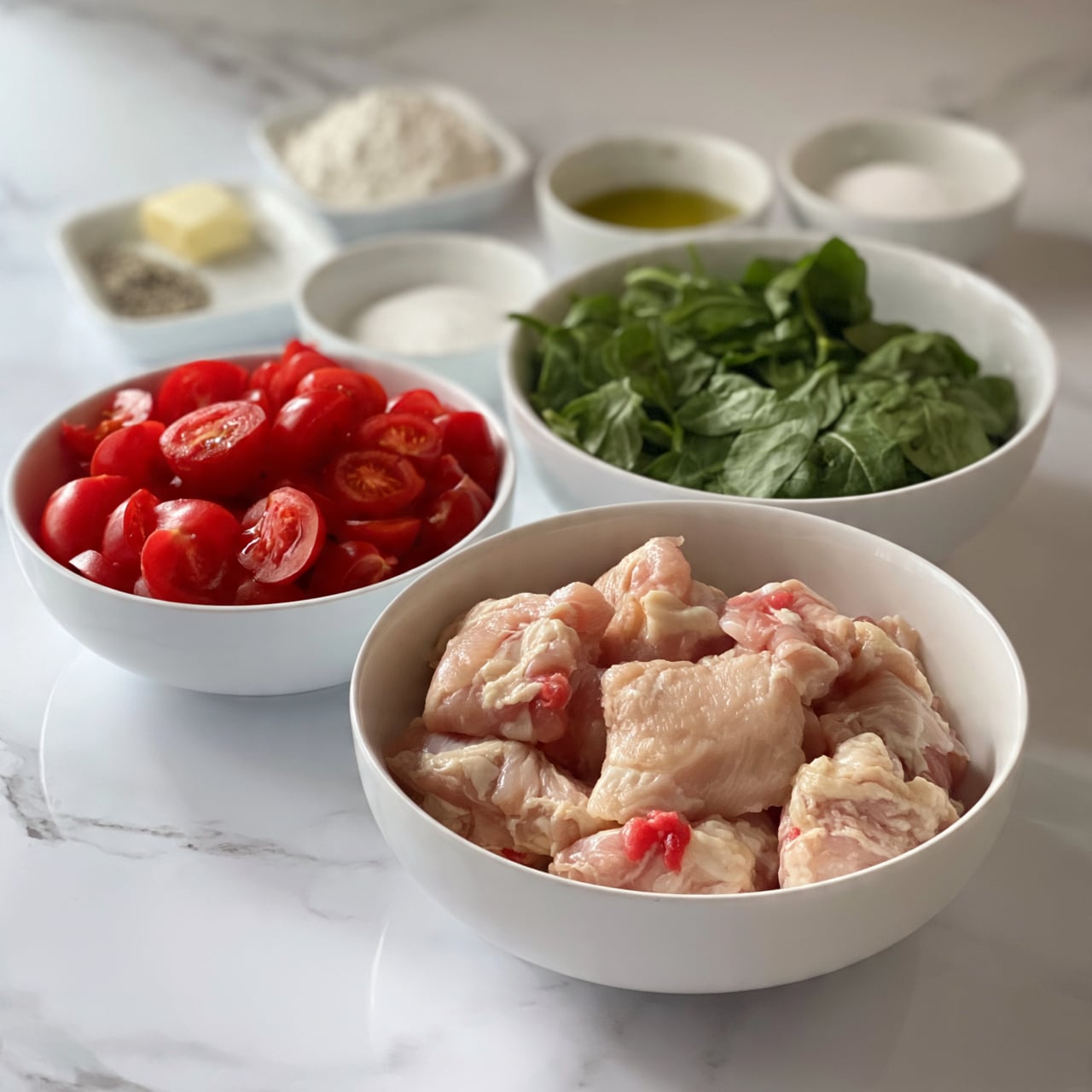 square image The image shows several white bowls and small white dishes arranged on a white marbled surface. In the front, there is a white bowl filled with raw chicken pieces. Behind it, another white bowl holds fresh green spinach leaves. To the left, a white bowl is full of sliced red cherry tomatoes. There are three small white dishes nearby: one contains white flour, another has white granulated sugar, and the third holds olive oil. Additionally, there is a small white dish with butter and two small white bowls with pepper and salt. The items are evenly spaced, showing a neat arrangement of ingredients. Photo taken with an iphone --ar 4:5 --v 7