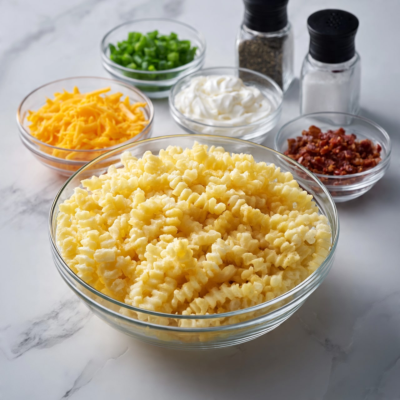 square image The image shows a white marbled surface with six clear glass bowls neatly arranged. The largest bowl in the center holds a pile of pale yellow crinkle-cut fries, filling the bowl almost to the top. Surrounding it are five smaller bowls: one contains bright orange shredded cheese, another has bright green sliced spring onions. There is a bowl with creamy white sour cream, another with small pieces of reddish cooked bacon, and two glass bottles with black lids, one with black pepper and the other with salt. The overall scene is well lit with a clean, bright look, emphasizing the colors and textures of the ingredients. photo taken with an iphone --ar 4:5 --v 7
