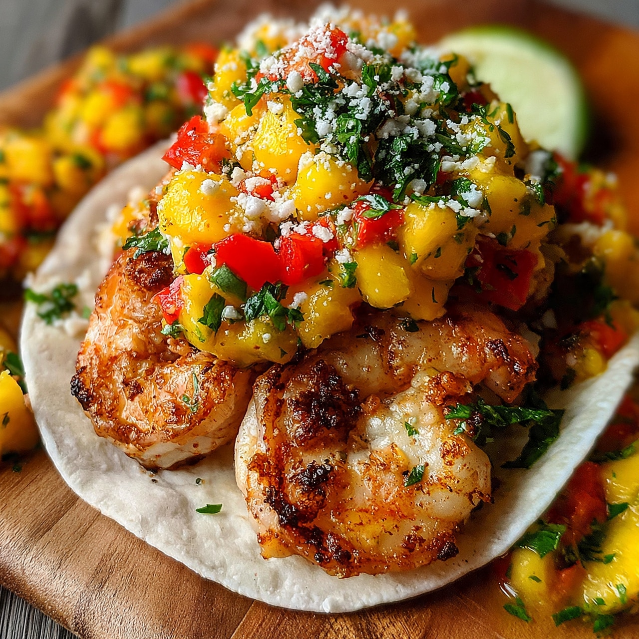 square image The image shows a soft white taco shell filled with three layers: the bottom layer has grilled shrimp with a golden brown char and a slightly crispy texture; on top of the shrimp is a bright, chunky mango salsa made of yellow mango pieces mixed with diced red bell pepper and finely chopped green herbs; the final layer is sprinkled white cheese crumbles and more green herbs scattered over everything. The taco is set on a wooden surface with extra salsa around it and a lime wedge placed near the edge. The whole scene is lit with natural light. photo taken with an iphone --ar 4:5 --v 7