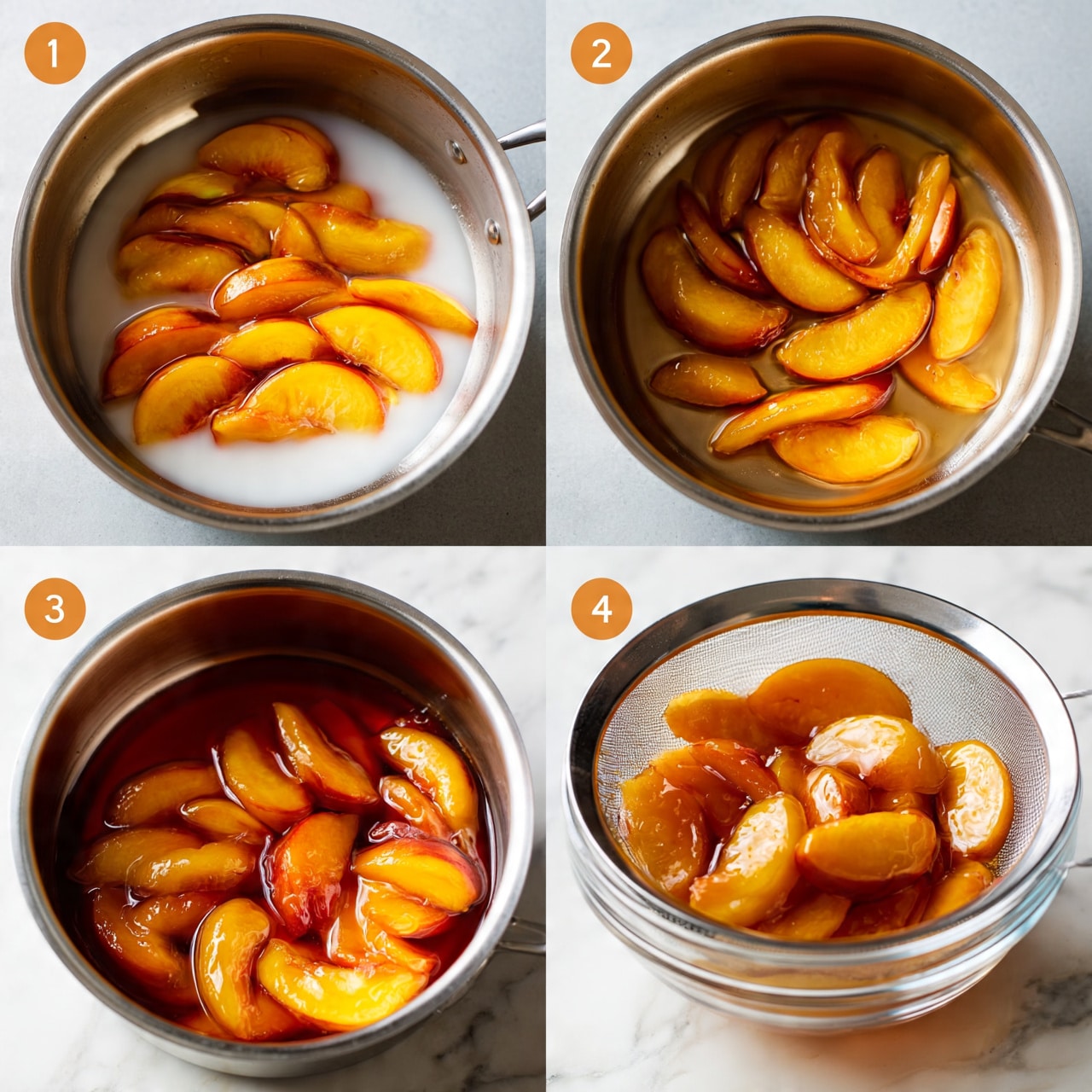 square image The image shows four steps of making a peach syrup. In the first step, a silver saucepan holds white liquid with peach slices placed on top, arranged in a loose layer. The second step shows the same saucepan with the peach slices soaked in a syrup, the liquid now light brown and shiny with the slices starting to soften. The third step shows the liquid darker red-brown, fully covering the peach slices that look tender and glossy inside the saucepan. In the last step, peach slices are placed in a metal mesh strainer over a clear glass bowl, with the peaches appearing soft and syrup-coated, while the white marbled surface is visible underneath. Photo taken with an iphone --ar 4:5 --v 7