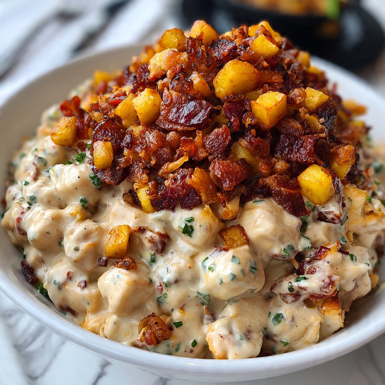 square image A white bowl filled with a creamy mixture of small cubed pieces of chicken and bacon, coated in a light beige sauce with visible green chive bits scattered throughout. On top, a generous pile of browned, crispy bacon and small golden potato cubes creates a textured and colorful layer. The background shows a white marbled surface with cutlery and a black plate blurred in the back. Photo taken with an iphone --ar 4:5 --v 7