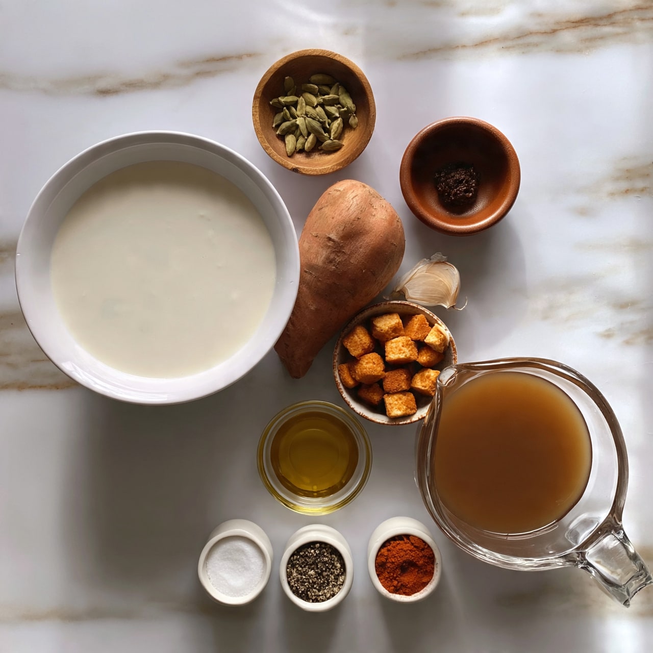 square image The image shows cooking ingredients arranged neatly on a white marbled background. There is a large white bowl filled with a creamy white liquid, a small wooden bowl with green cardamom pods at the top center, and a small brown clay bowl with a dark paste. Towards the lower right, a clear glass measuring cup is full of brown broth. Near the center, a medium-sized brown sweet potato and a peeled garlic clove lie next to a small bowl of golden-brown cubes, possibly toasted bread or croutons. A small clear dish of golden olive oil is in the middle. At the bottom, three white containers hold salt, black pepper, and smoked paprika. The items are spaced evenly with soft natural light highlighting their colors and textures. Photo taken with an iphone --ar 4:5 --v 7