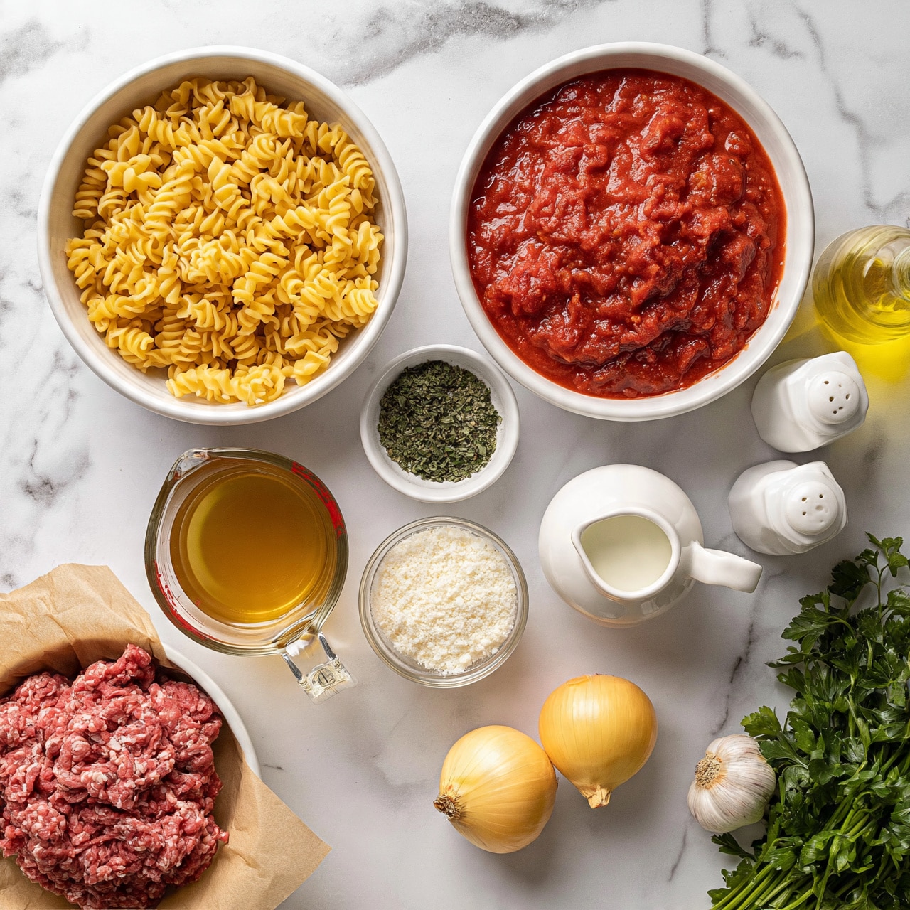 square image A top-down view of many ingredients laid out on a white marbled surface. There are two large white bowls at the top, one full of yellow spiral pasta and the other with rich red tomato sauce. In the middle is a small white bowl containing green dried herbs. Below these, there is a glass measuring cup filled with golden broth on the left, a small glass bowl with grated white cheese in the center, and a white pitcher with cream on the right. At the bottom left, raw ground meat rests on brown paper inside a white bowl, and to the right are two whole yellow onions. A small white container with yellow oil and salt and pepper shakers are on the right side. There is also a garlic bulb and a bunch of fresh green parsley on the bottom right corner. photo taken with an iphone --ar 4:5 --v 7