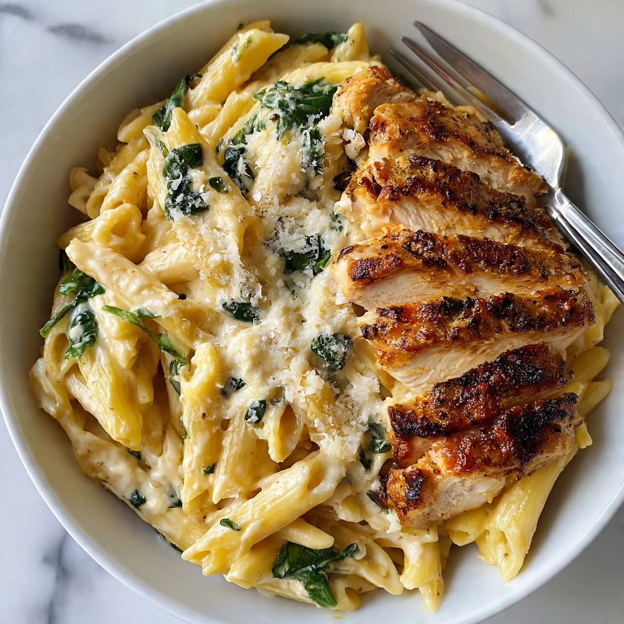 square image This image shows a white bowl filled with creamy penne pasta and sliced grilled chicken. The penne pasta is light yellow with a smooth, creamy sauce that covers each piece. The grilled chicken slices, arranged on one side, have a golden brown, slightly crispy texture with visible seasoning. Green leafy spinach leaves are mixed in with the pasta, adding spots of fresh green color. There is a sprinkle of grated cheese on top, lightly melting into the dish. A silver fork rests inside the bowl, adding to the inviting presentation. The bowl sits on a white marbled surface. Photo taken with an iphone --ar 4:5 --v 7