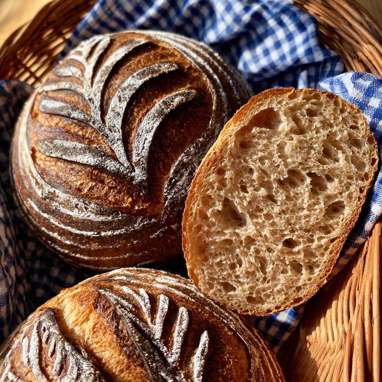 square image A round loaf of bread with a dark brown crust and a decorative pattern of curved slashes dusted with white flour sits in a wicker basket lined with a blue and white checkered cloth. Next to it, a large slice of bread shows a light tan interior with an airy, textured crumb. Another similar loaf is partially visible at the bottom, also showing the same crust and pattern. The wicker basket adds a warm brown tone, and the overall scene has a cozy, rustic feel. Photo taken with an iphone --ar 4:5 --v 7