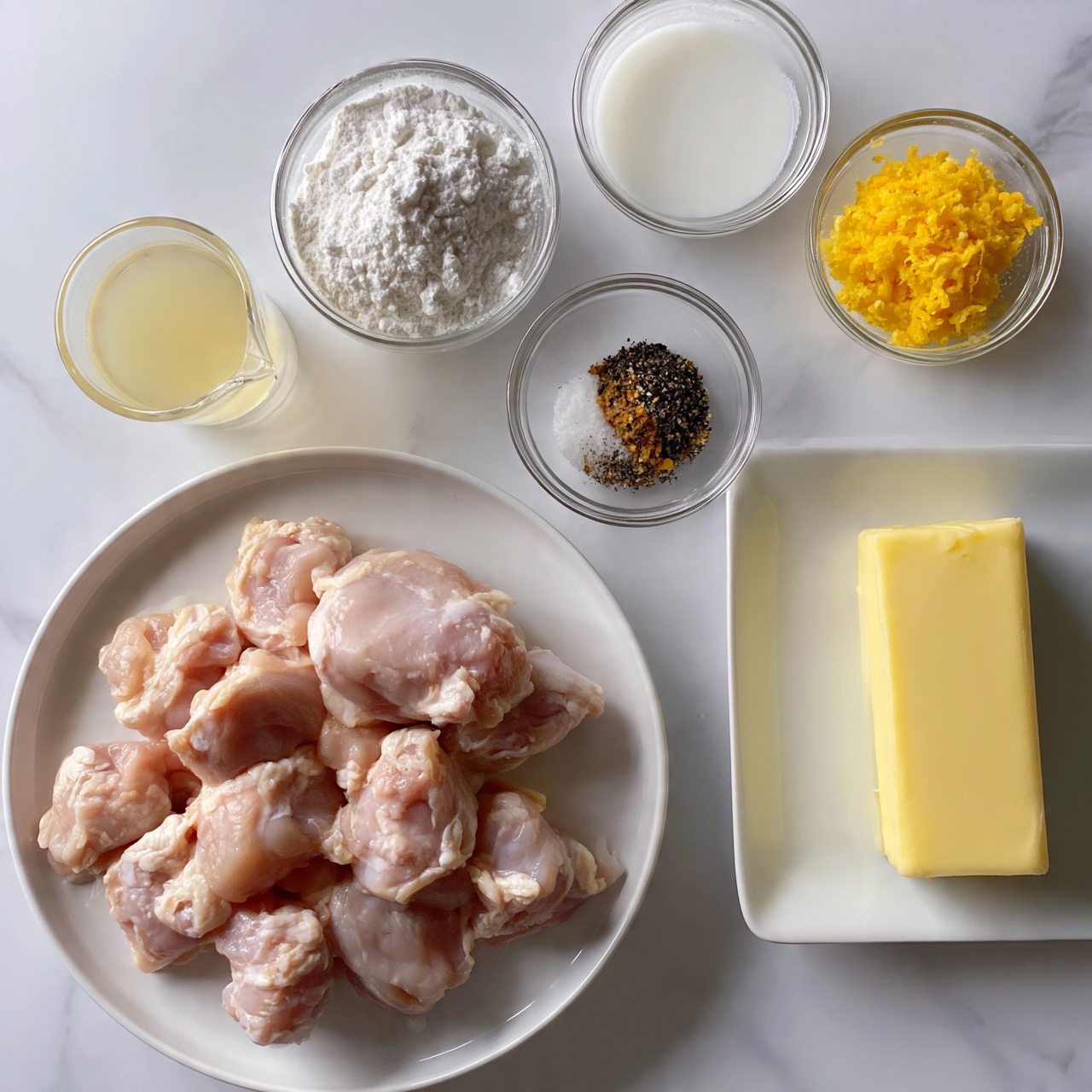 square image The image shows a white plate filled with light pink raw chicken pieces without skin at the bottom left. Above it, several small clear glass bowls hold different ingredients: a pale yellow liquid in a small pitcher, white flour with a powdery texture, white liquid that looks like milk or cream, a mix of black and brown spices with salt in one bowl, and bright yellow lemon zest in another small bowl. On the right side, there is a white square plate with a thick pale yellow stick of butter, all placed on a white marbled surface. Photo taken with an iphone --ar 4:5 --v 7