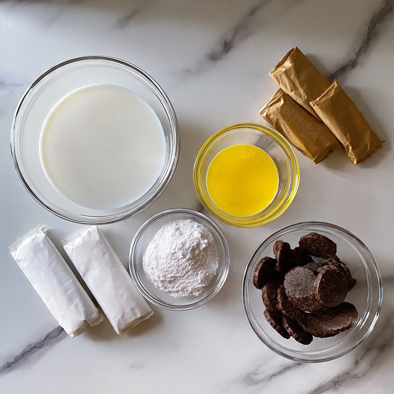 square image The image shows clear glass bowls and containers on a white marbled surface. There is one large glass bowl filled with white milk, a smaller glass bowl holding white powdered sugar, and another small glass bowl with melted butter that looks yellow and smooth. Two white paper packages and two brown wrapped packs are placed near the bowls. Another clear bowl contains dark brown round biscuit pieces. The containers are arranged neatly, showing all ingredients clearly. Photo taken with an iphone --ar 4:5 --v 7